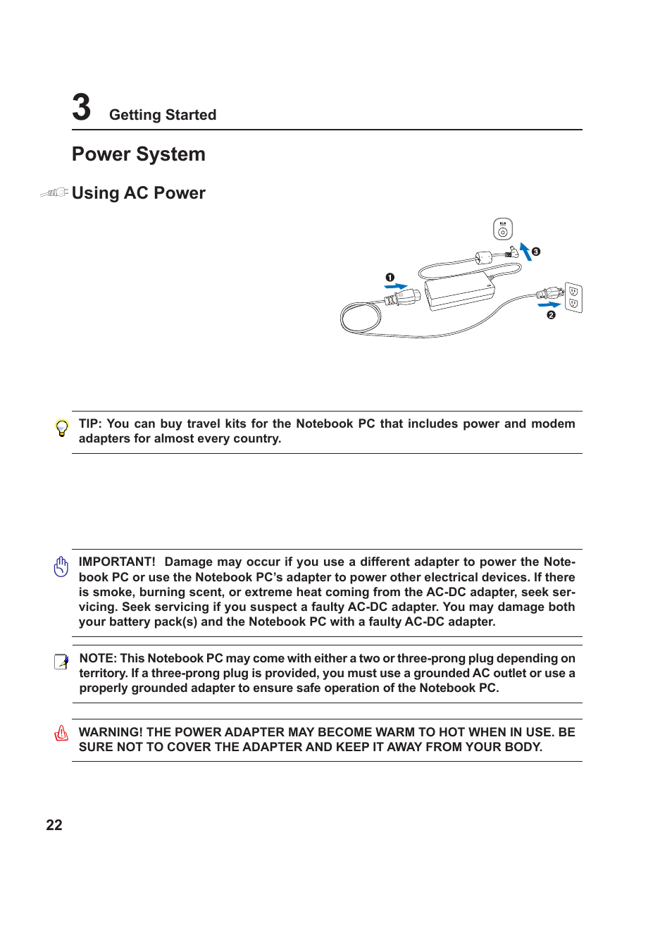 Power system | Asus W5F User Manual | Page 22 / 68