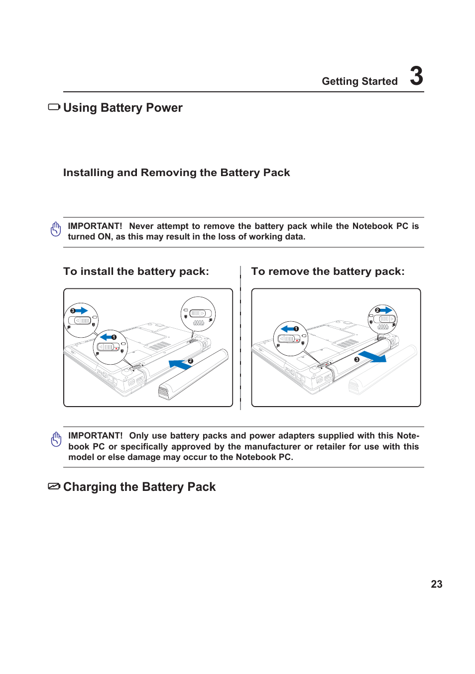 Using battery power, Charging the battery pack | Asus W5F User Manual | Page 23 / 68