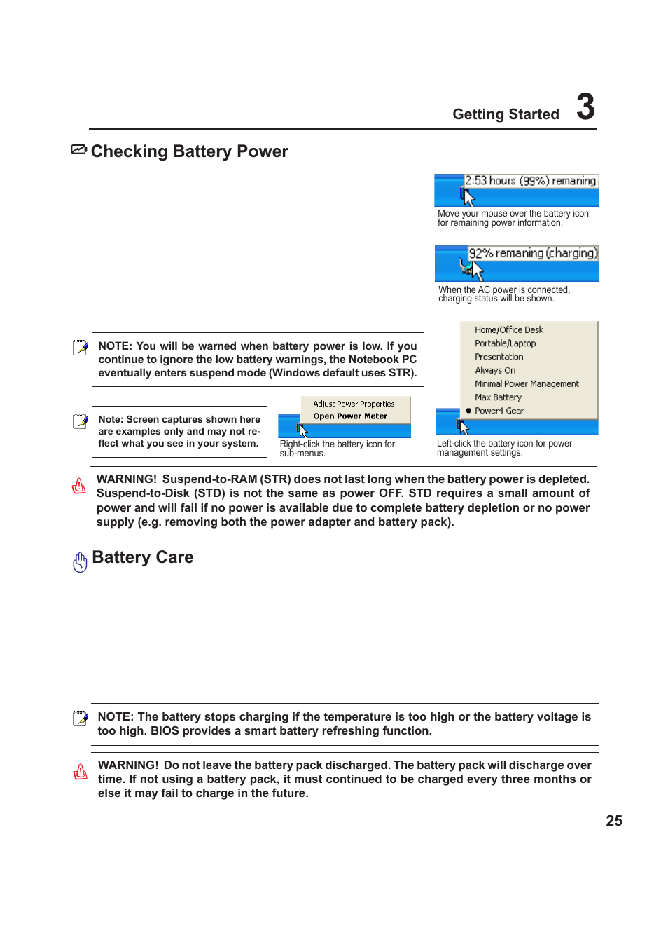 Checking battery power, Battery care | Asus W5F User Manual | Page 25 / 68