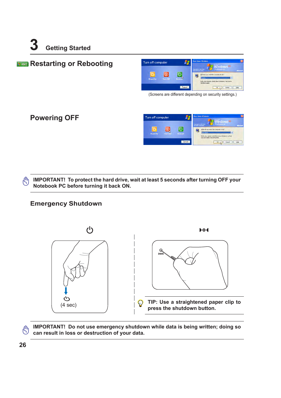 Restarting or rebooting, Powering off | Asus W5F User Manual | Page 26 / 68