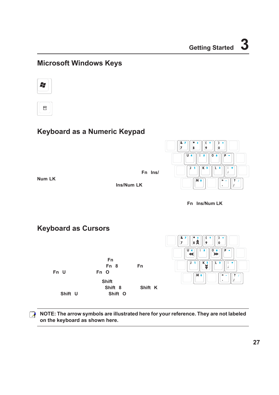 Microsoft windows keys, Keyboard as a numeric keypad, Keyboard as cursors | 27 getting started | Asus W5F User Manual | Page 27 / 68