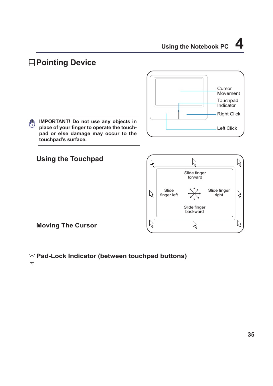 Pointing device, Using the touchpad | Asus W5F User Manual | Page 35 / 68