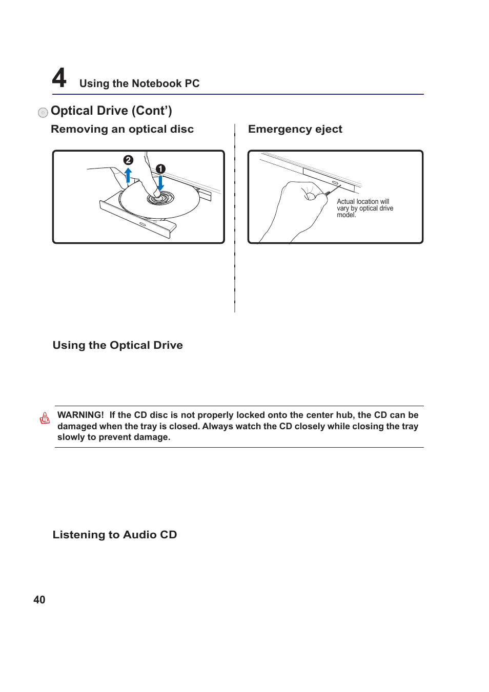 Optical drive (cont’) | Asus W5F User Manual | Page 40 / 68