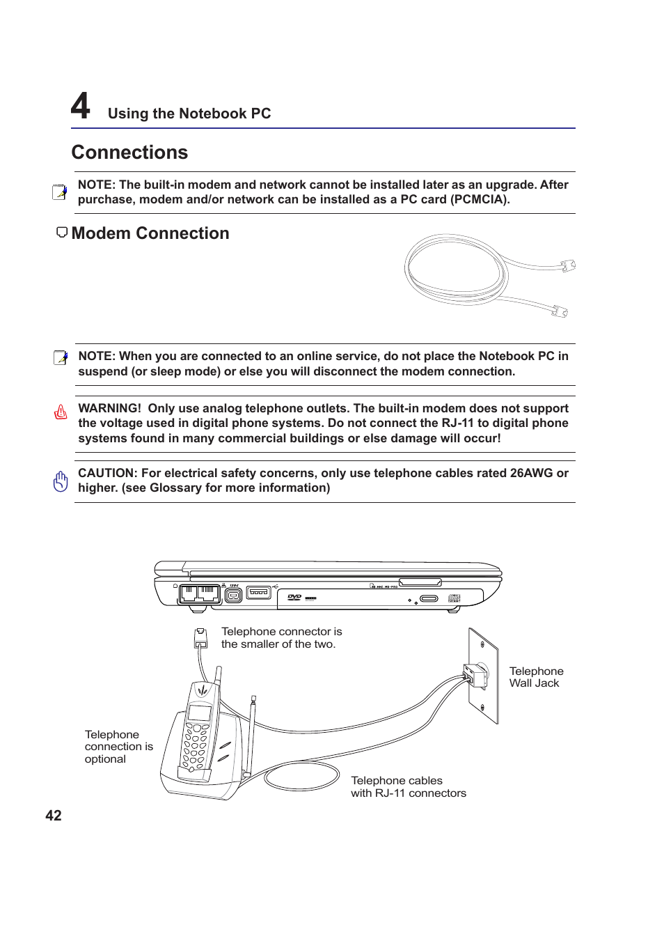 Connections, Modem connection | Asus W5F User Manual | Page 42 / 68