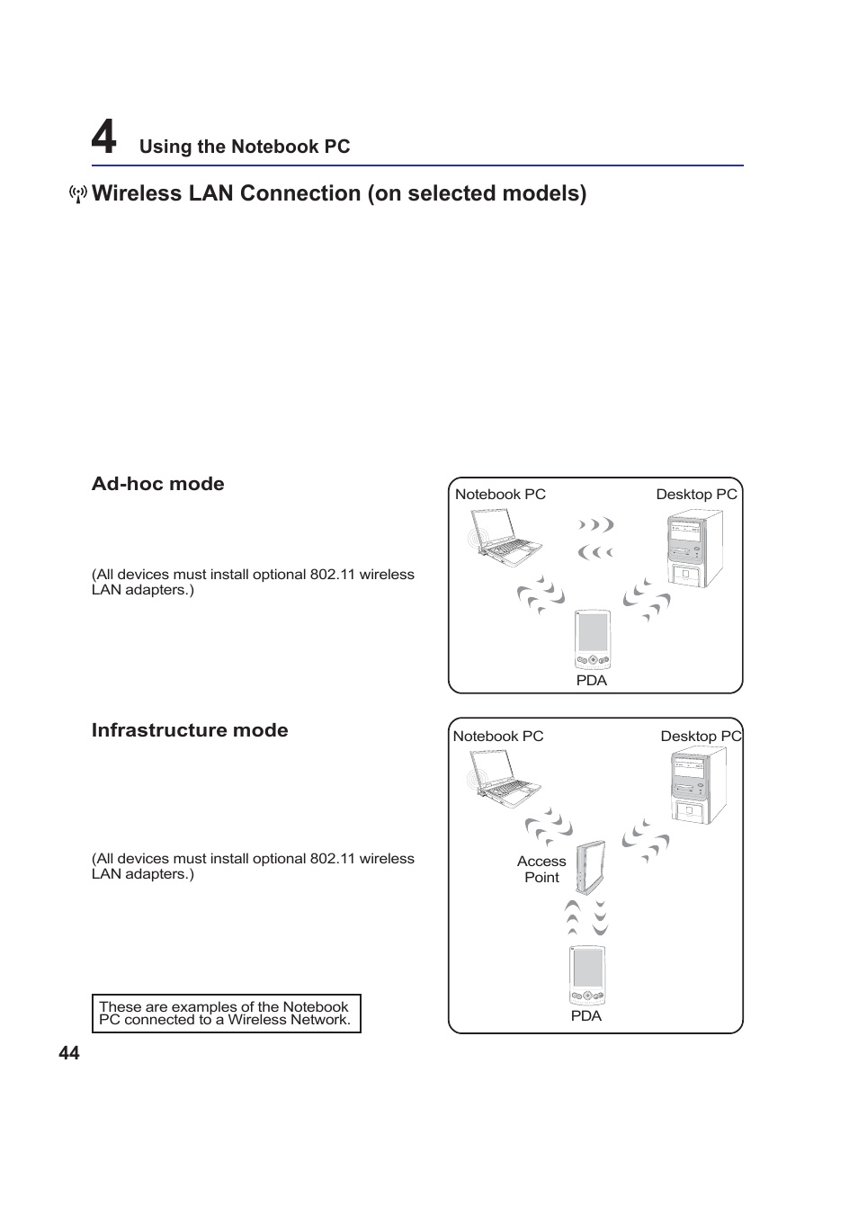 Wireless lan connection (on selected models) | Asus W5F User Manual | Page 44 / 68