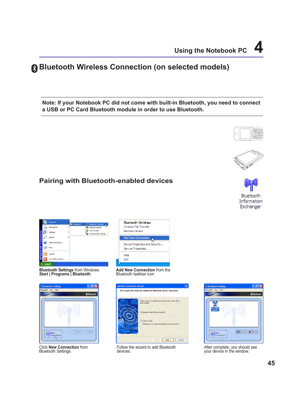 Bluetooth wireless connection (on selected models), Pairing with bluetooth-enabled devices | Asus W5F User Manual | Page 45 / 68