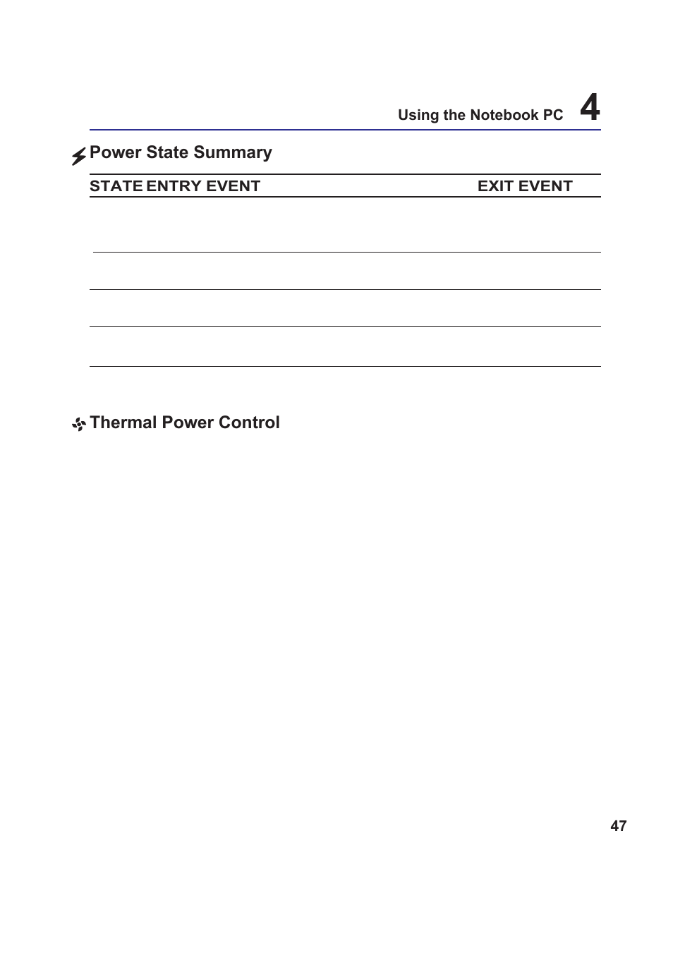 Power state summary, Thermal power control | Asus W5F User Manual | Page 47 / 68