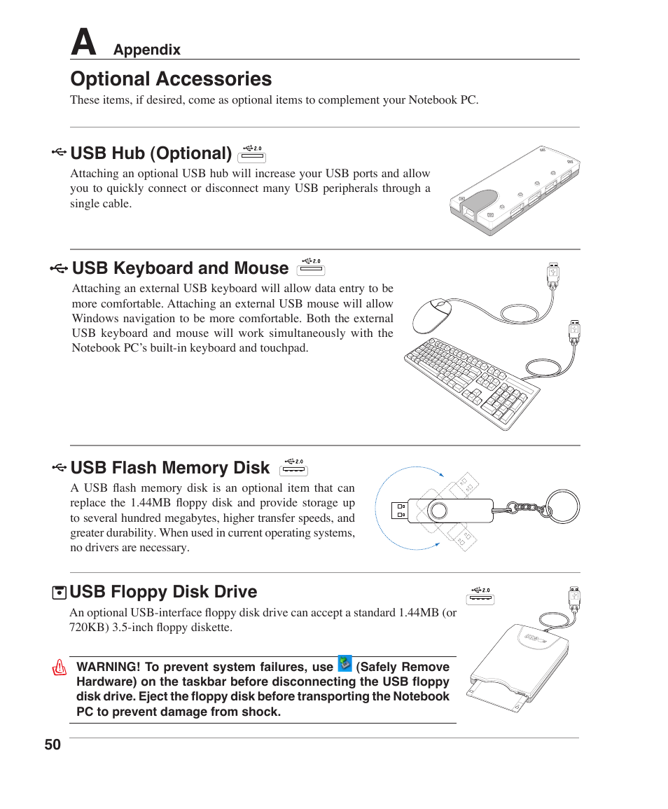 Optional accessories, Usb hub (optional), Usb keyboard and mouse | Usb floppy disk drive | Asus W5F User Manual | Page 50 / 68