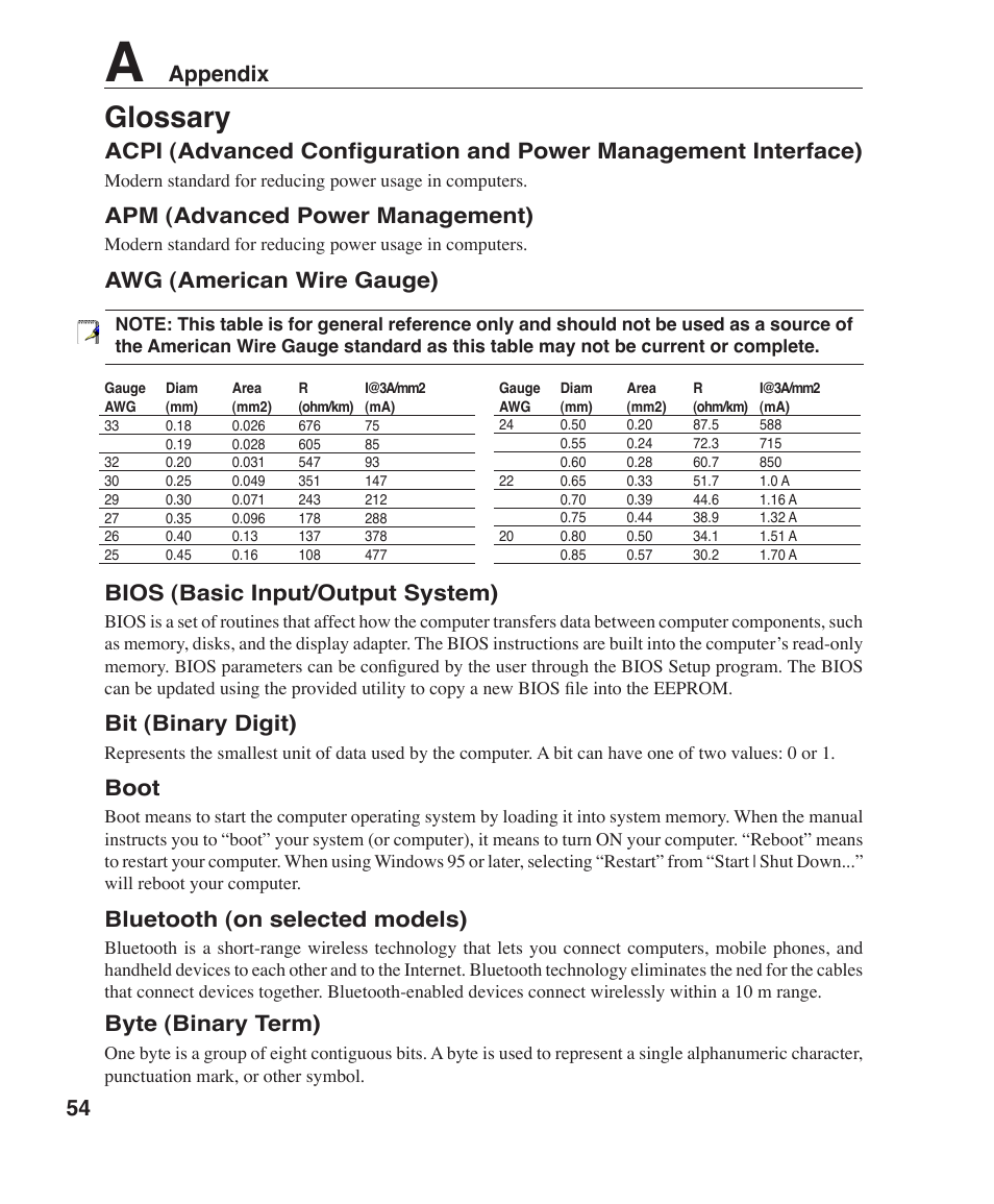 Glossary, Appendix, Apm (advanced power management) | Awg (american wire gauge), Bios (basic input/output system), Bit (binary digit), Boot, Bluetooth (on selected models), Byte (binary term) | Asus W5F User Manual | Page 54 / 68