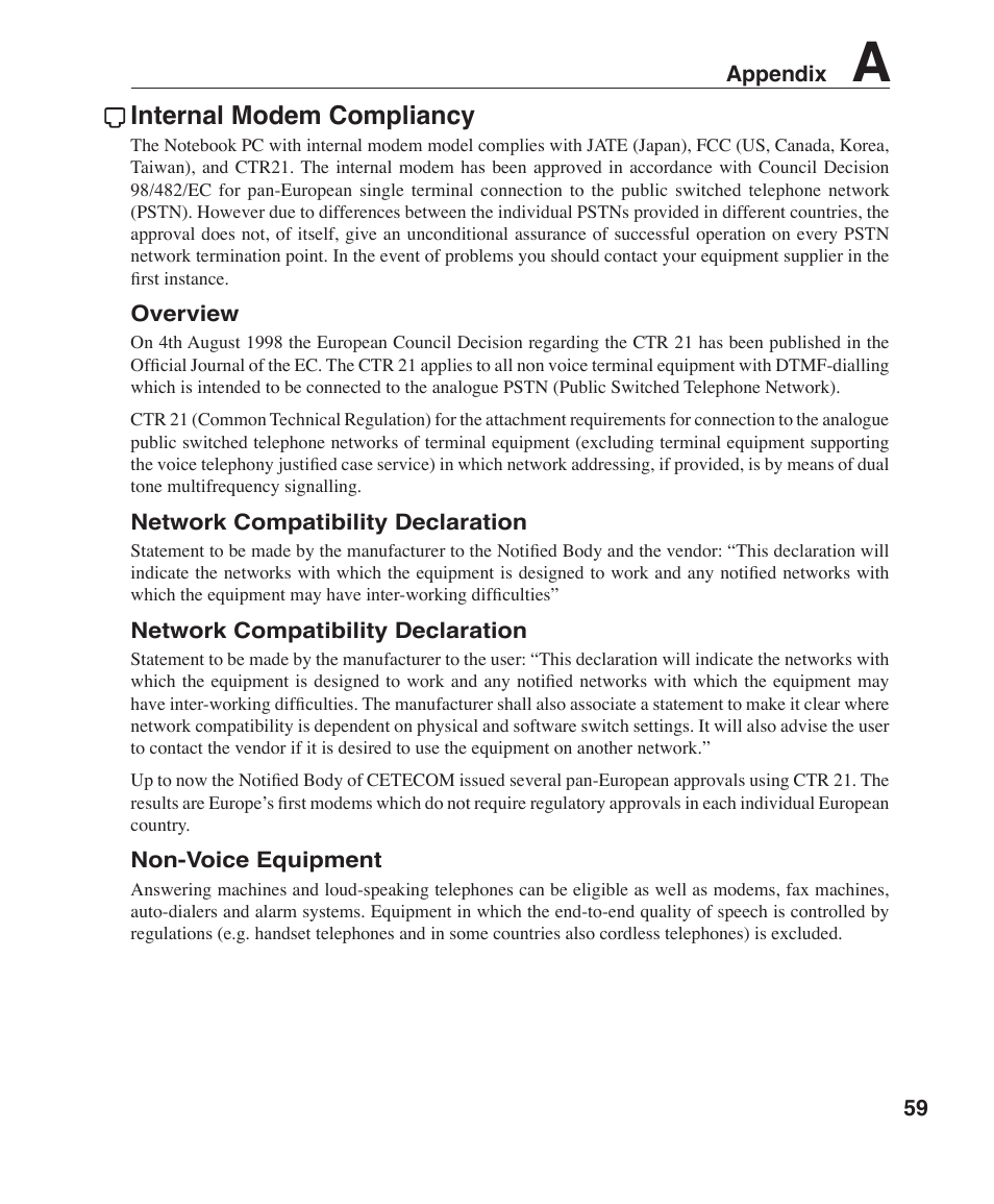 Internal modem compliancy | Asus W5F User Manual | Page 59 / 68