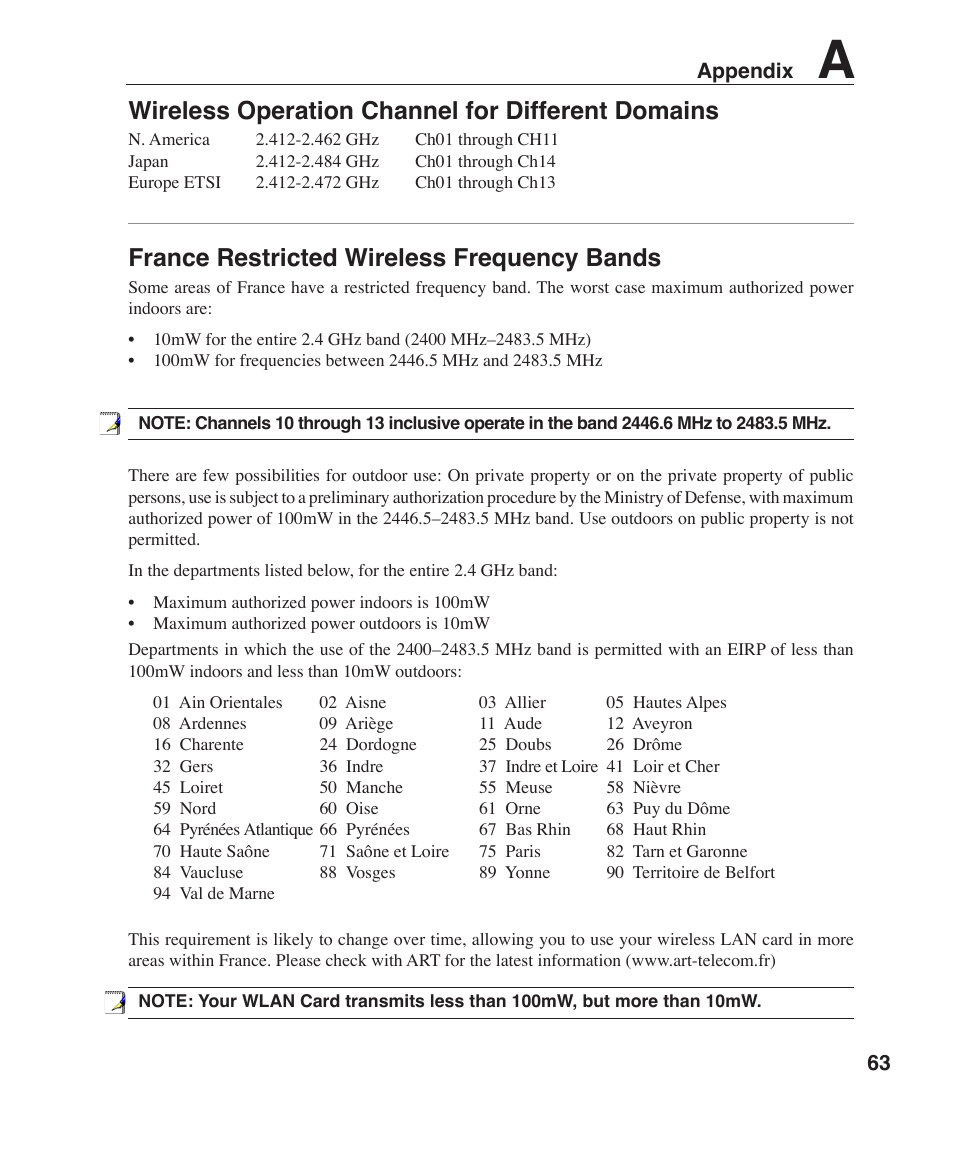 France restricted wireless frequency bands, Wireless operation channel for different domains | Asus W5F User Manual | Page 63 / 68