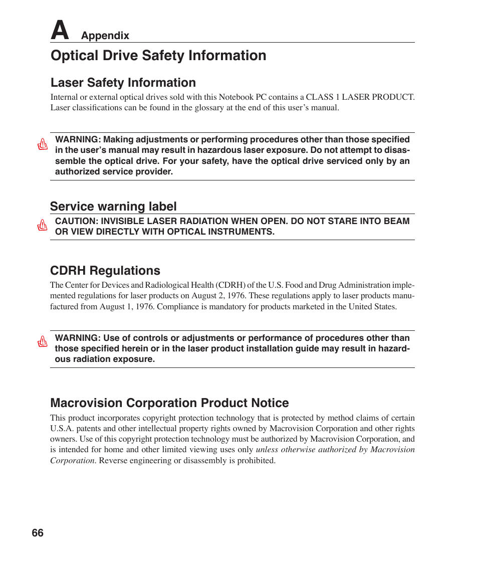 Optical drive safety information | Asus W5F User Manual | Page 66 / 68