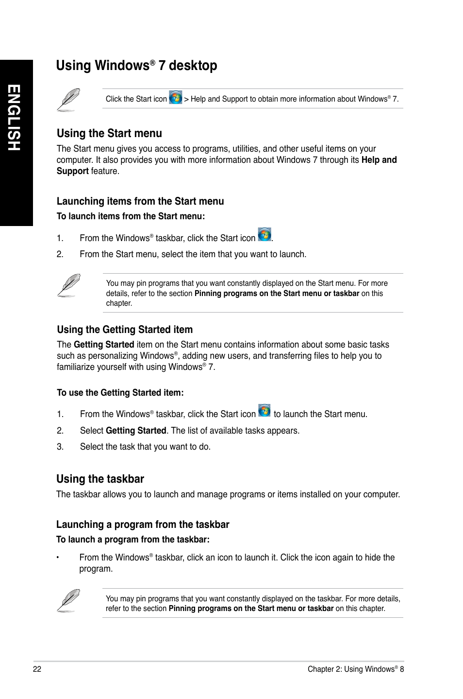 Using windows® 7 desktop, Using windows, 7 desktop | En gl is h en gl is h en gl is h en gl is h | Asus M11BB User Manual | Page 22 / 66