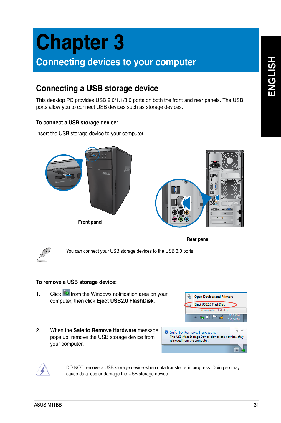Chapter 3, Connecting devices to your computer, Connecting a usb storage device | En gl is h en gl is h | Asus M11BB User Manual | Page 31 / 66
