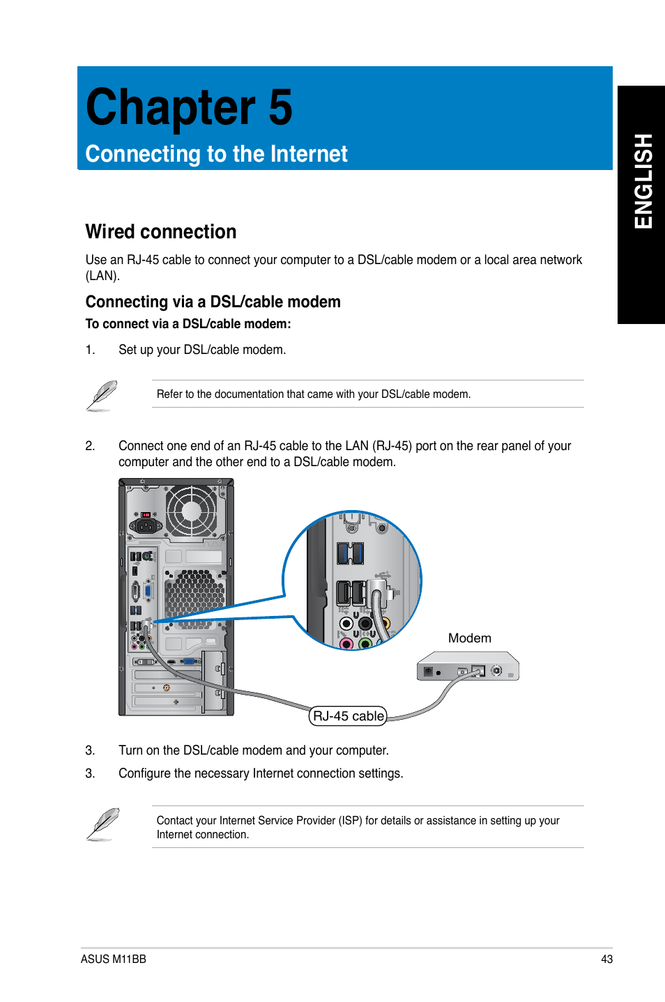 Chapter 5, Connecting to the internet, Wired connection | En gl is h en gl is h | Asus M11BB User Manual | Page 43 / 66