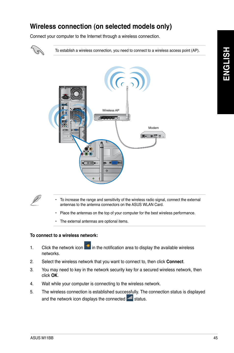 Wireless connection (on selected models only), En gl is h en gl is h | Asus M11BB User Manual | Page 45 / 66