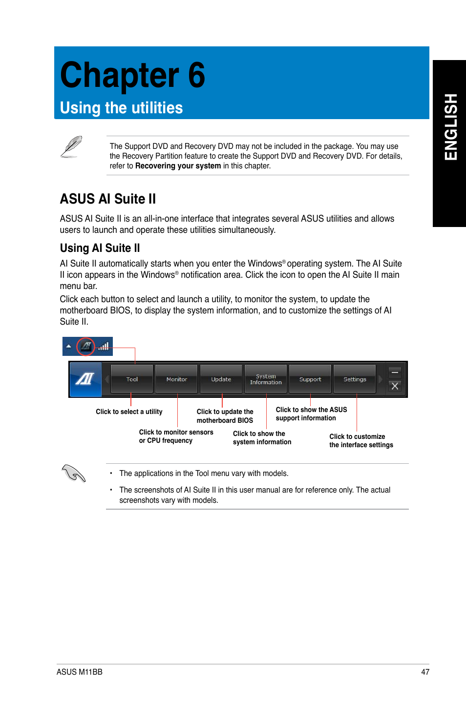 Chapter 6, Using the utilities, Asus ai suite ii | En gl is h en gl is h | Asus M11BB User Manual | Page 47 / 66