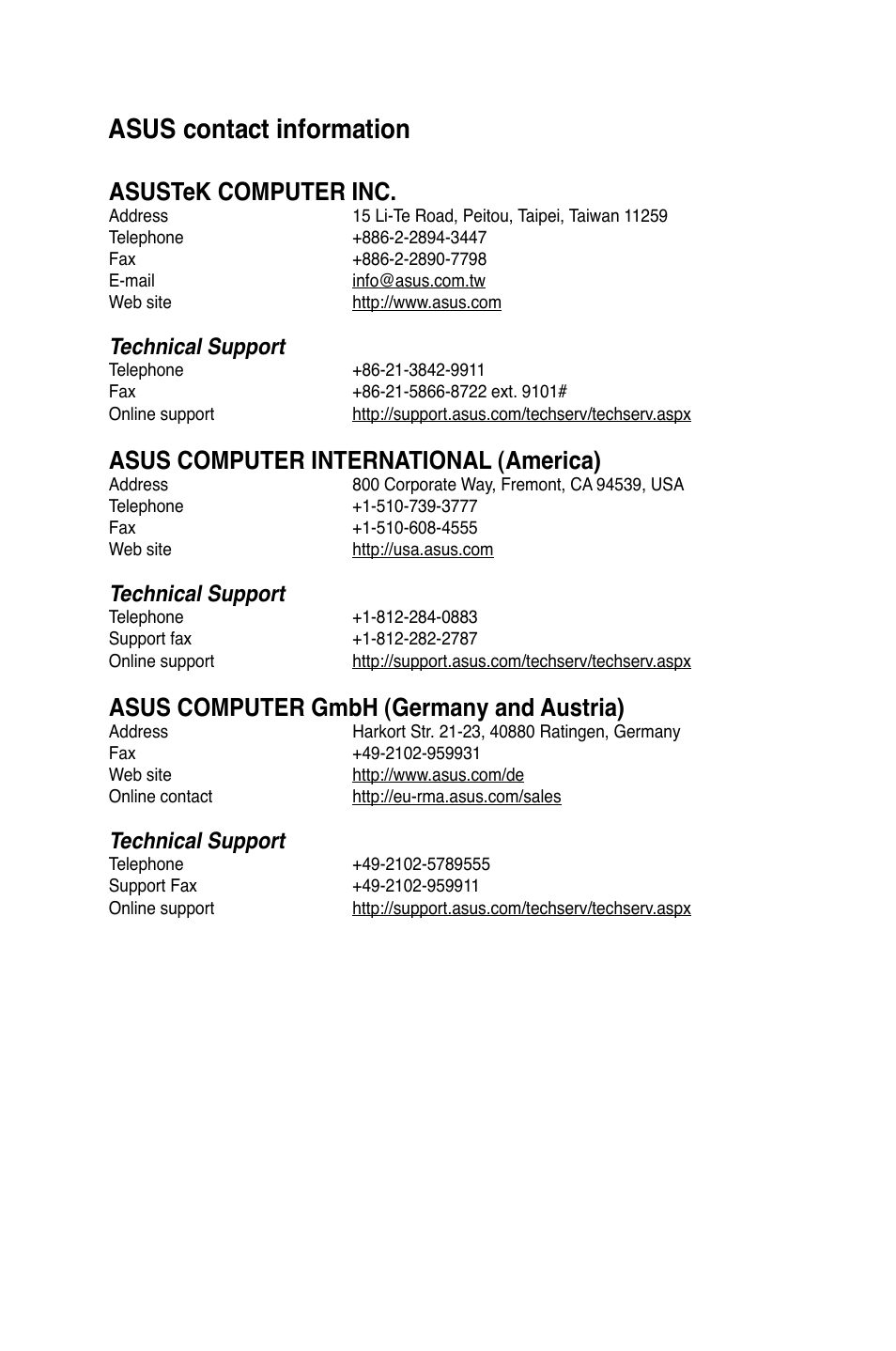 Asus contact information, Asustek computer inc, Asus computer international (america) | Asus computer gmbh (germany and austria), Technical support | Asus M11BB User Manual | Page 66 / 66