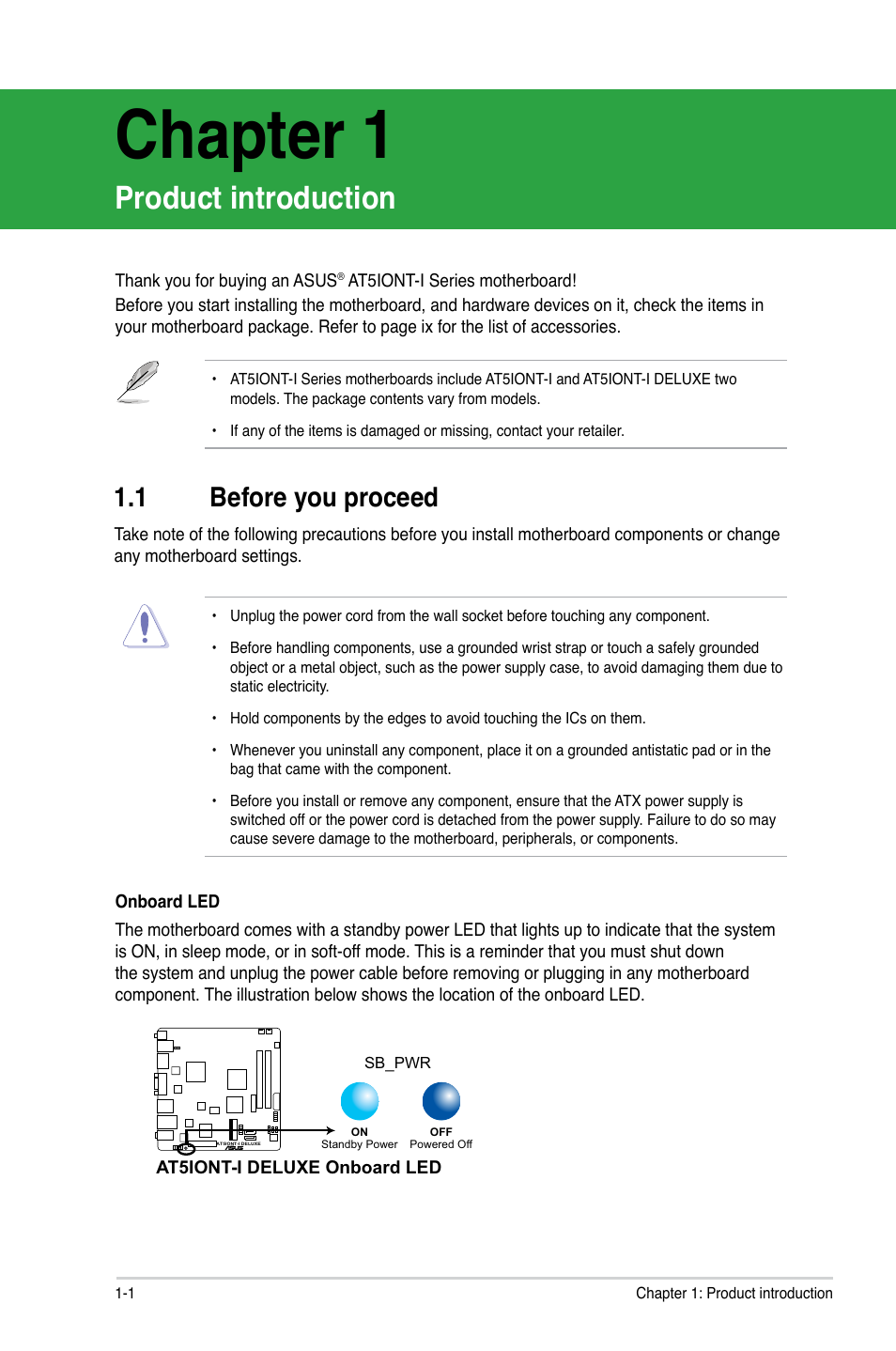 Chapter 1, Product introduction, 1 before you proceed | Before you proceed -1 | Asus AT5IONT-I User Manual | Page 10 / 47