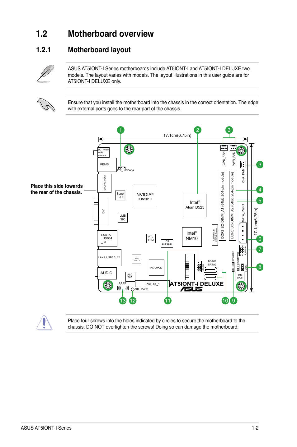 2 motherboard overview, 1 motherboard layout, Motherboard overview -2 1.2.1 | Motherboard layout -2, At5iont-i deluxe, Asus at5iont-i series 1-2 | Asus AT5IONT-I User Manual | Page 11 / 47