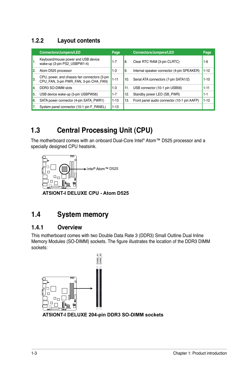 2 layout contents, 3 central processing unit (cpu), 4 system memory | 1 overview, Layout contents -3, Central processing unit (cpu) -3, System memory -3 1.4.1, Overview -3 | Asus AT5IONT-I User Manual | Page 12 / 47