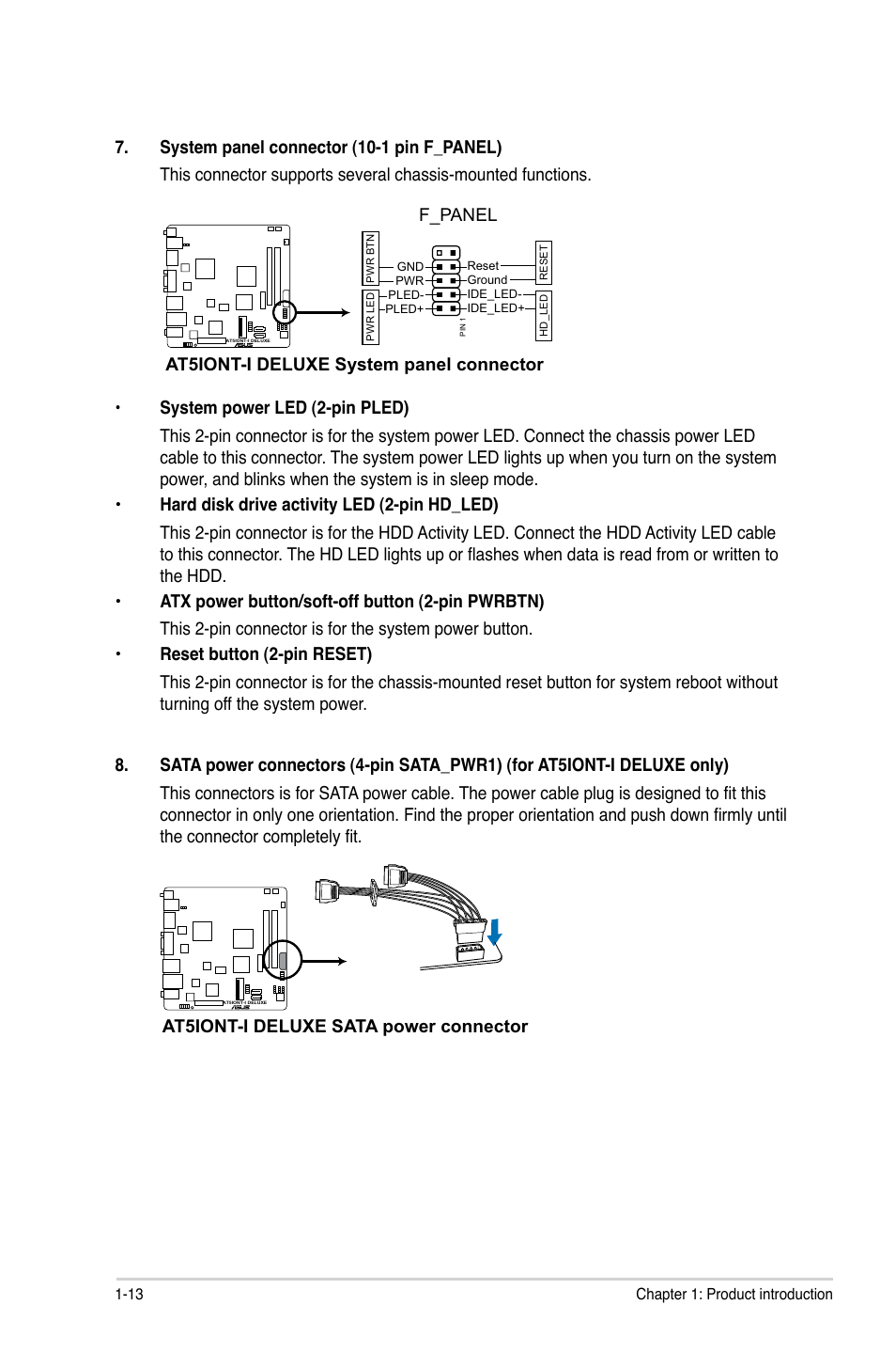 At5iont-i deluxe system panel connector, F_panel, At5iont-i deluxe sata power connector | Asus AT5IONT-I User Manual | Page 22 / 47