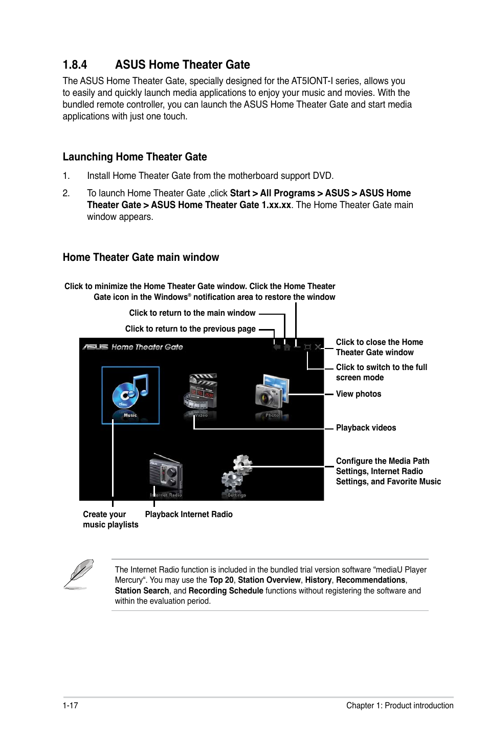 4 asus home theater gate, Asus home theater gate -17, Launching home theater gate | Home theater gate main window | Asus AT5IONT-I User Manual | Page 26 / 47