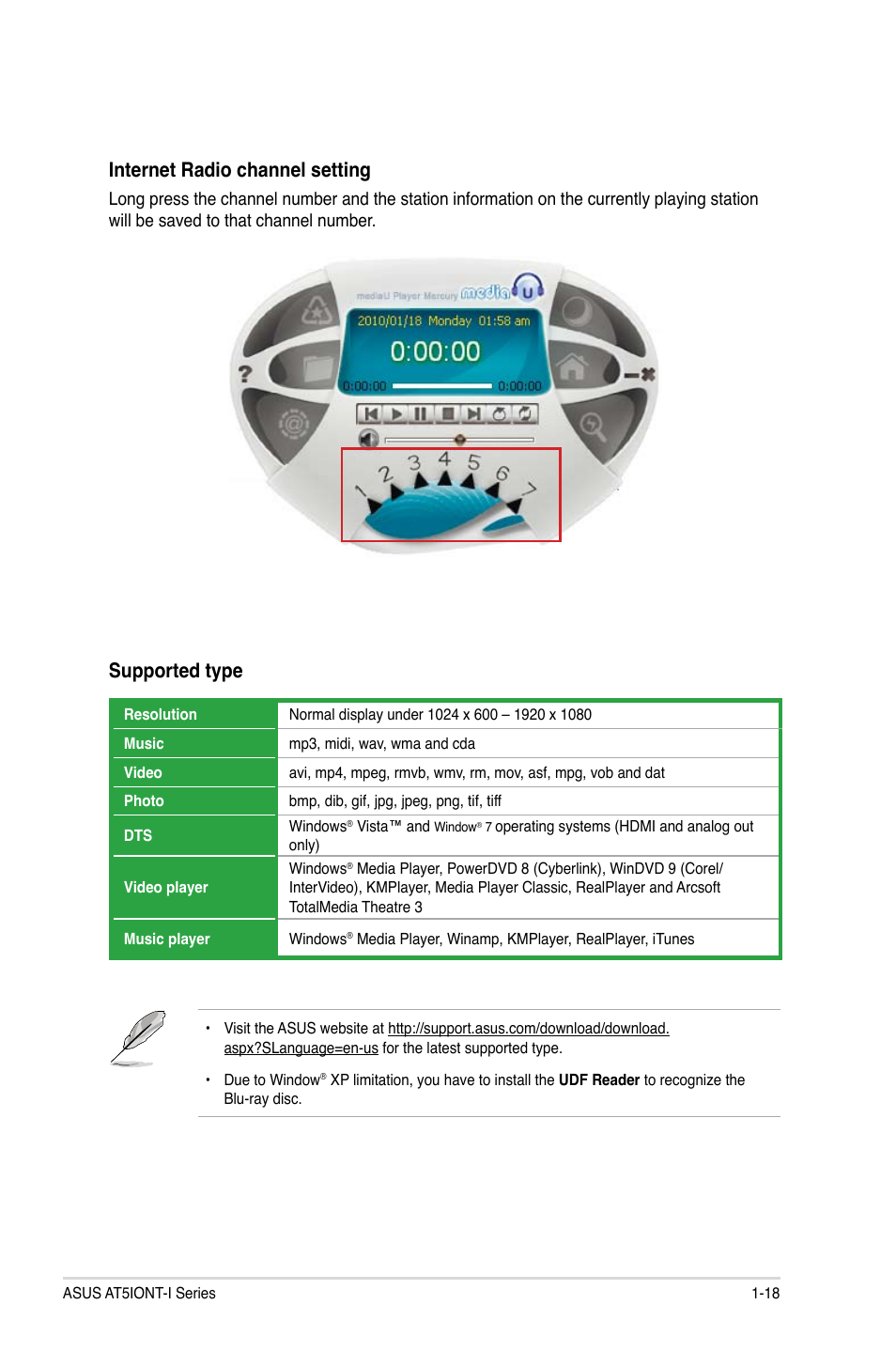 Supported type, Internet radio channel setting | Asus AT5IONT-I User Manual | Page 27 / 47