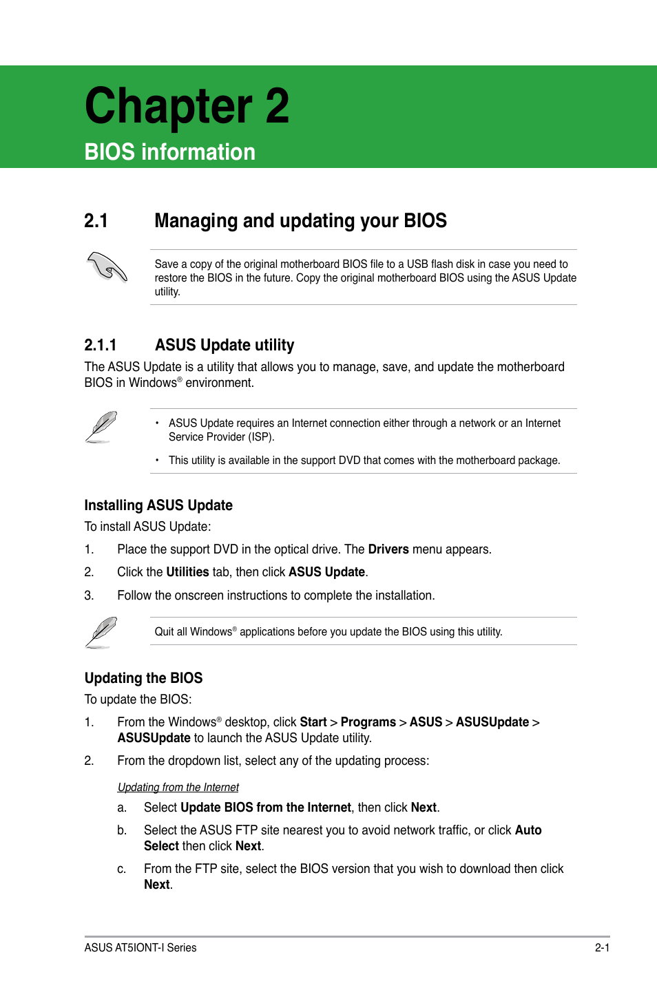 Chapter 2, Bios information, 1 managing and updating your bios | 1 asus update utility, Managing and updating your bios -1 2.1.1, Asus update utility -1 | Asus AT5IONT-I User Manual | Page 30 / 47