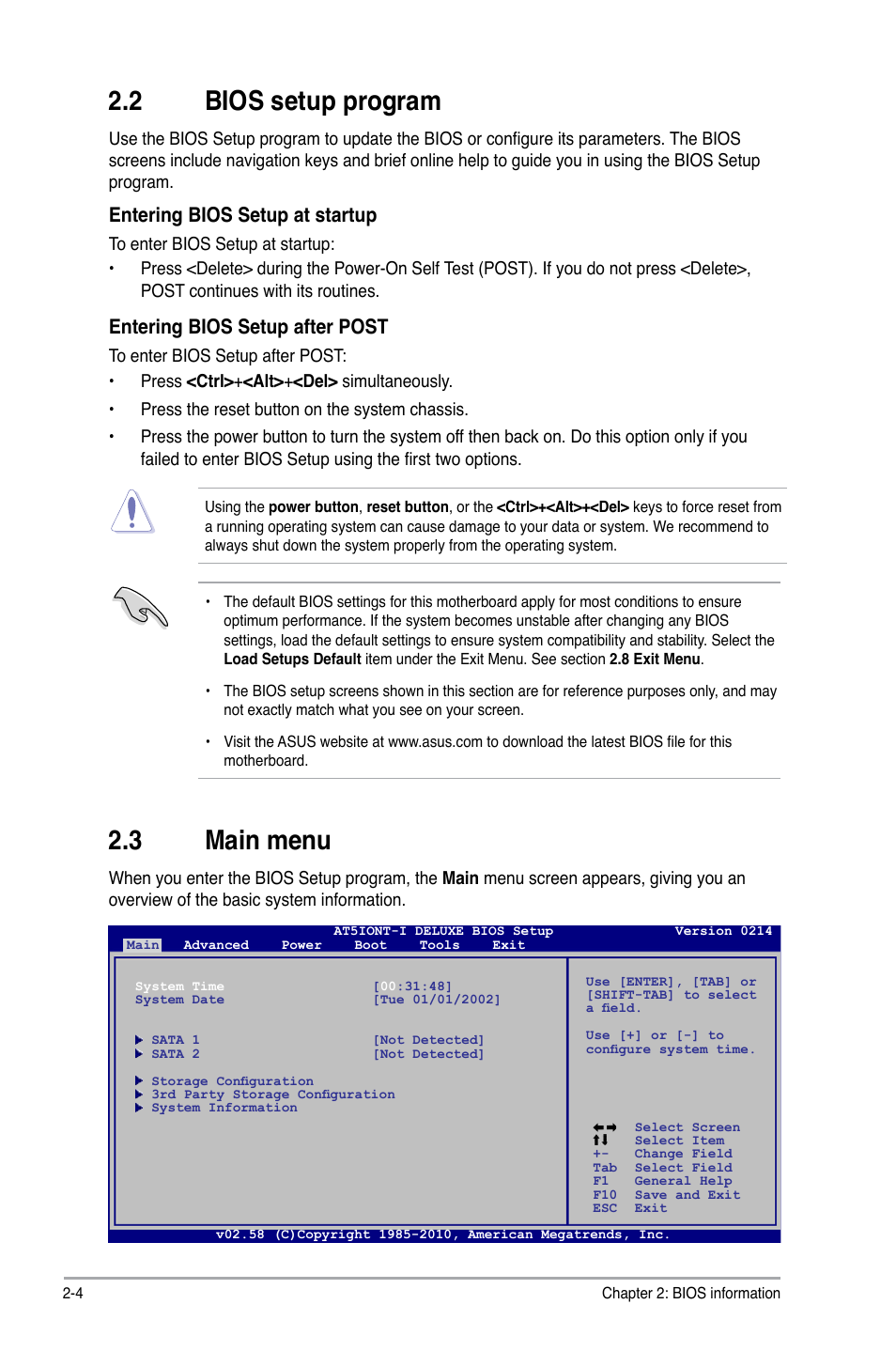 2 bios setup program, 3 main menu, Bios setup program -4 | Main menu -4, Entering bios setup at startup, Entering bios setup after post | Asus AT5IONT-I User Manual | Page 33 / 47