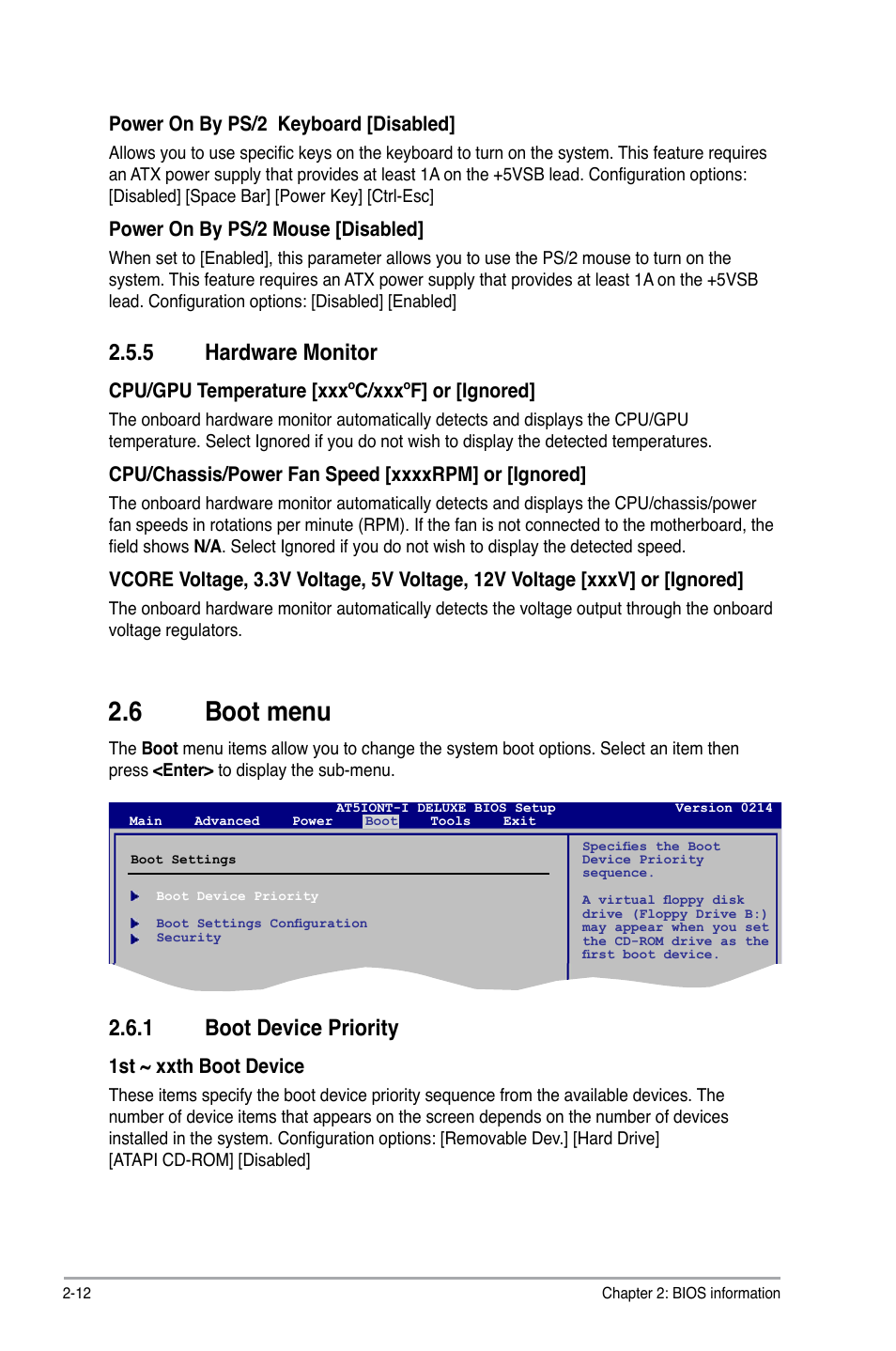 5 hardware monitor, 6 boot menu, 1 boot device priority | Hardware monitor -12, Boot menu -12 2.6.1, Boot device priority -12 | Asus AT5IONT-I User Manual | Page 41 / 47