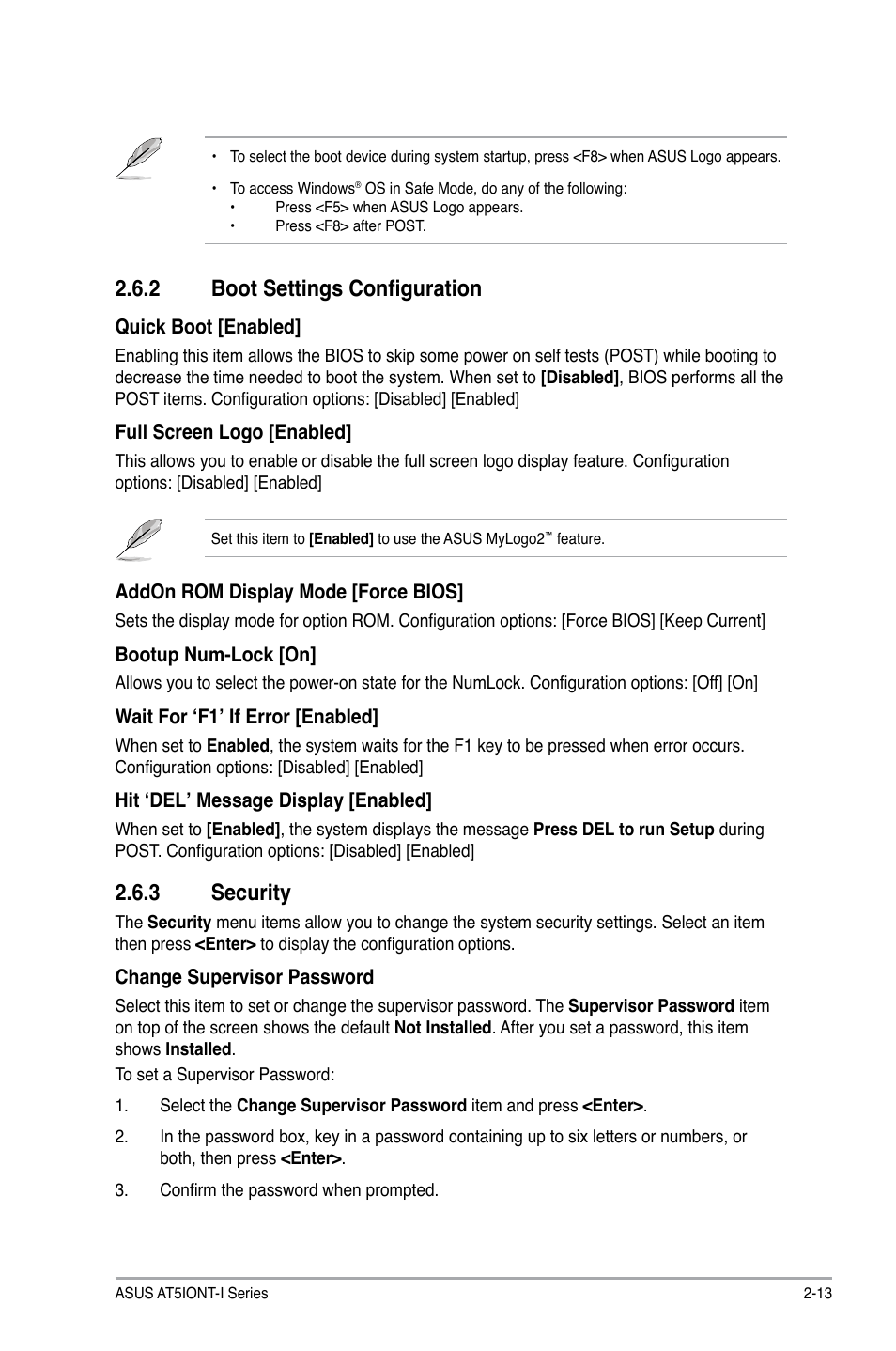 2 boot settings configuration, 3 security, Boot settings configuration -13 | Security -13 | Asus AT5IONT-I User Manual | Page 42 / 47