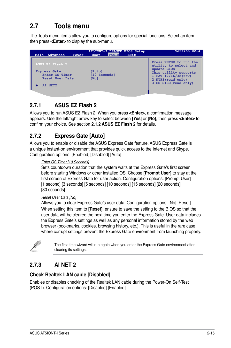 7 tools menu, 1 asus ez flash 2, 2 express gate | Tools menu -15 2.7.1, Asus ez flash 2 -15, Express gate -15, 2 express gate [auto, 3 ai net 2 | Asus AT5IONT-I User Manual | Page 44 / 47