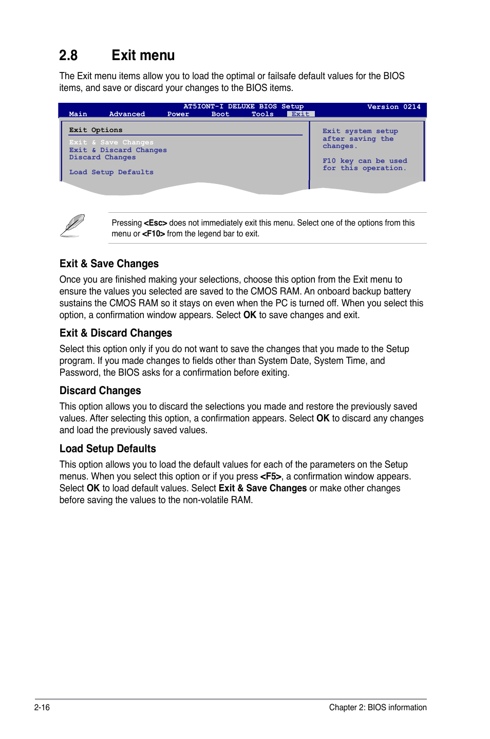 8 exit menu, Exit menu -16, Exit & save changes | Exit & discard changes, Discard changes, Load setup defaults | Asus AT5IONT-I User Manual | Page 45 / 47