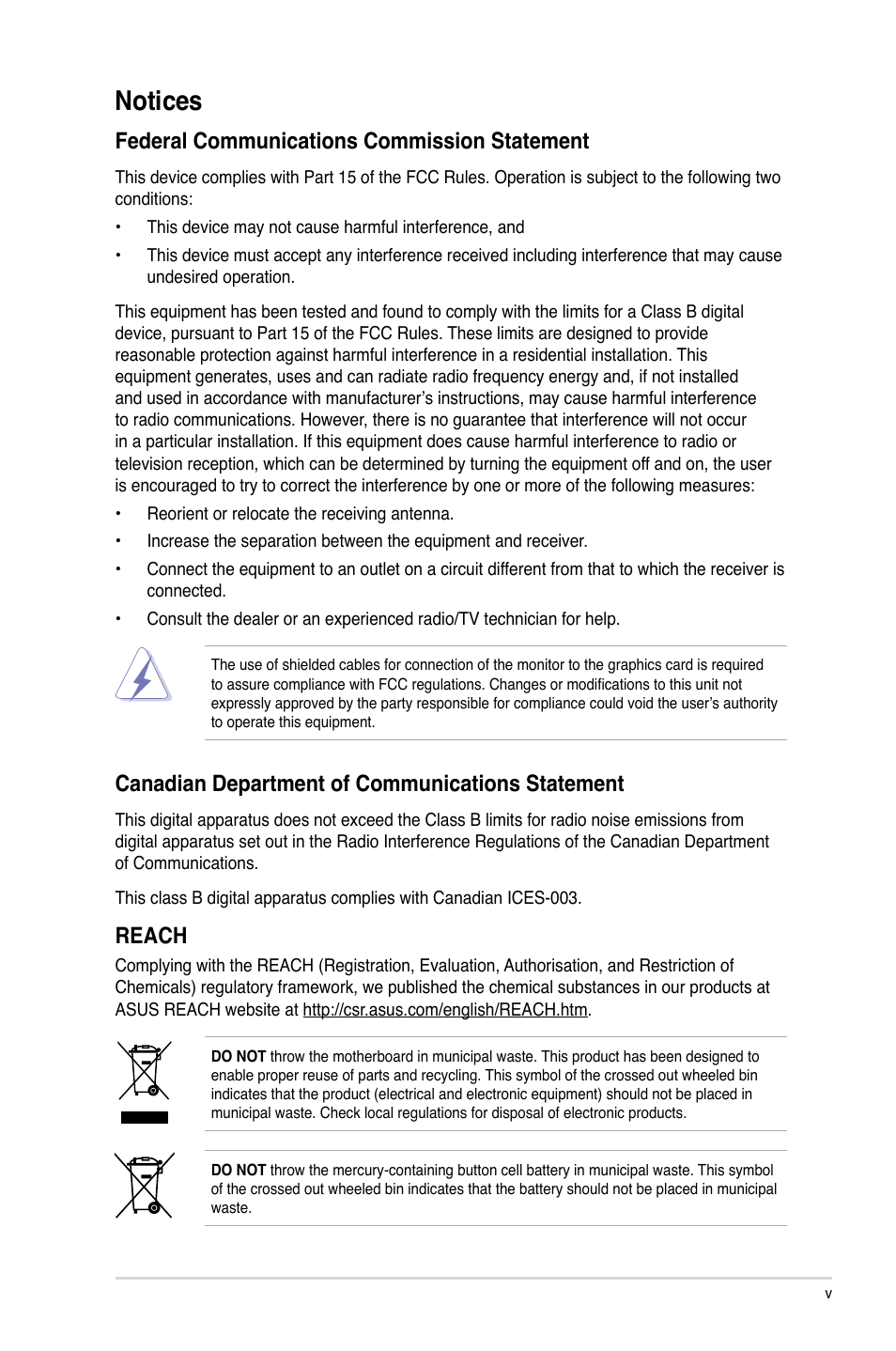 Notices, Federal communications commission statement, Canadian department of communications statement | Reach | Asus AT5IONT-I User Manual | Page 5 / 47