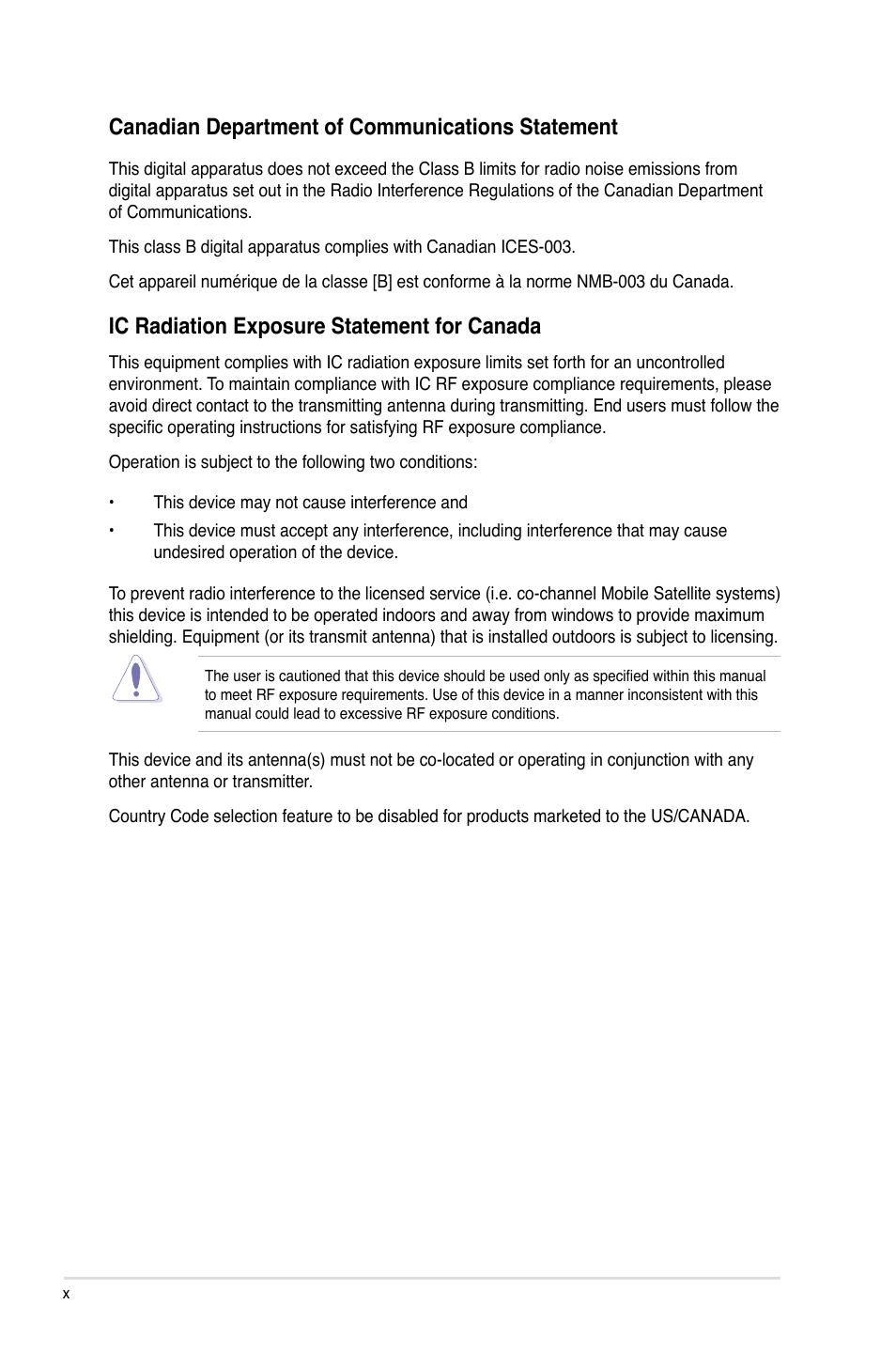 Canadian department of communications statement, Ic radiation exposure statement for canada | Asus Rampage IV Extreme User Manual | Page 10 / 179
