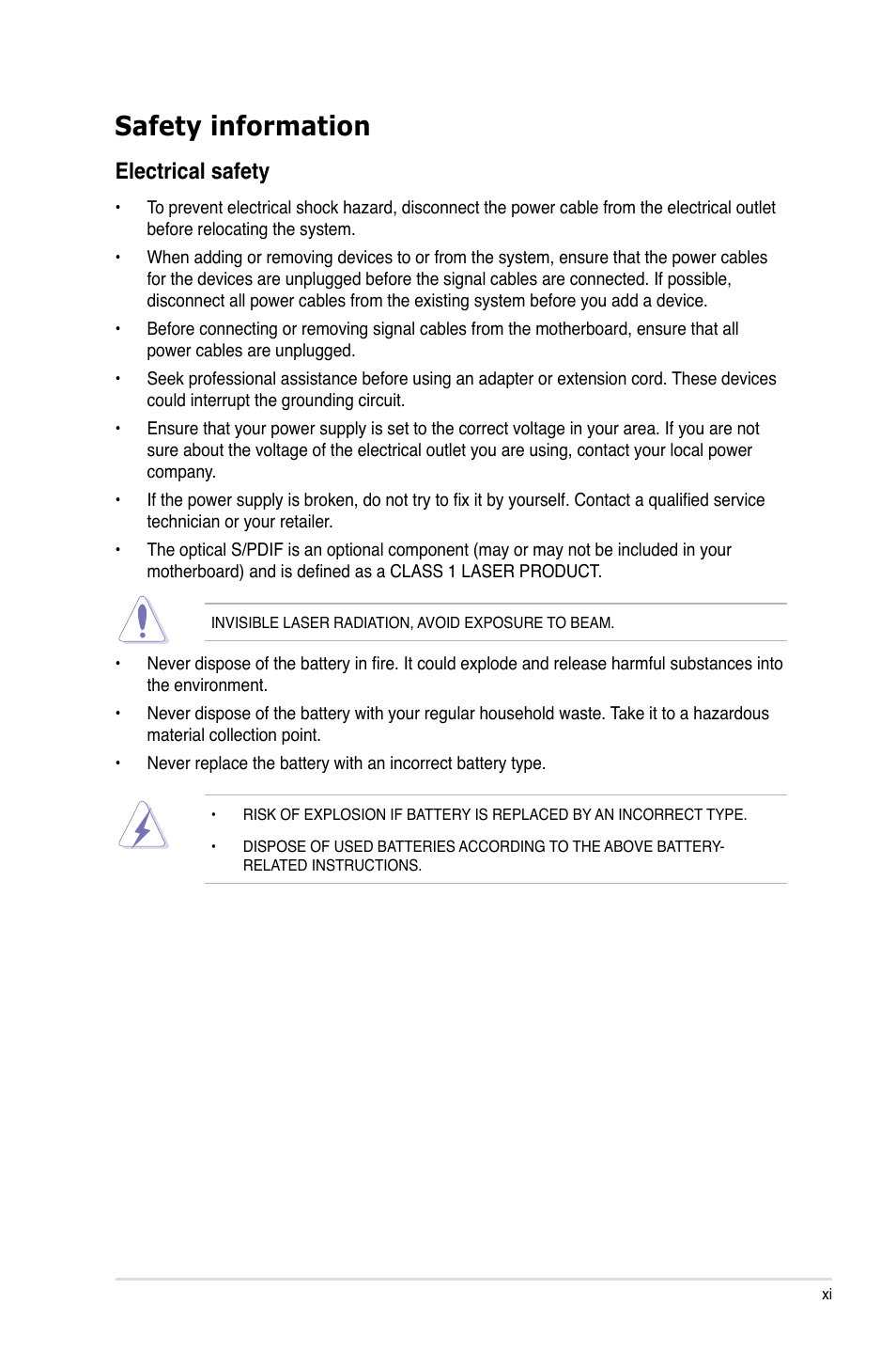 Safety information, Electrical safety | Asus Rampage IV Extreme User Manual | Page 11 / 179