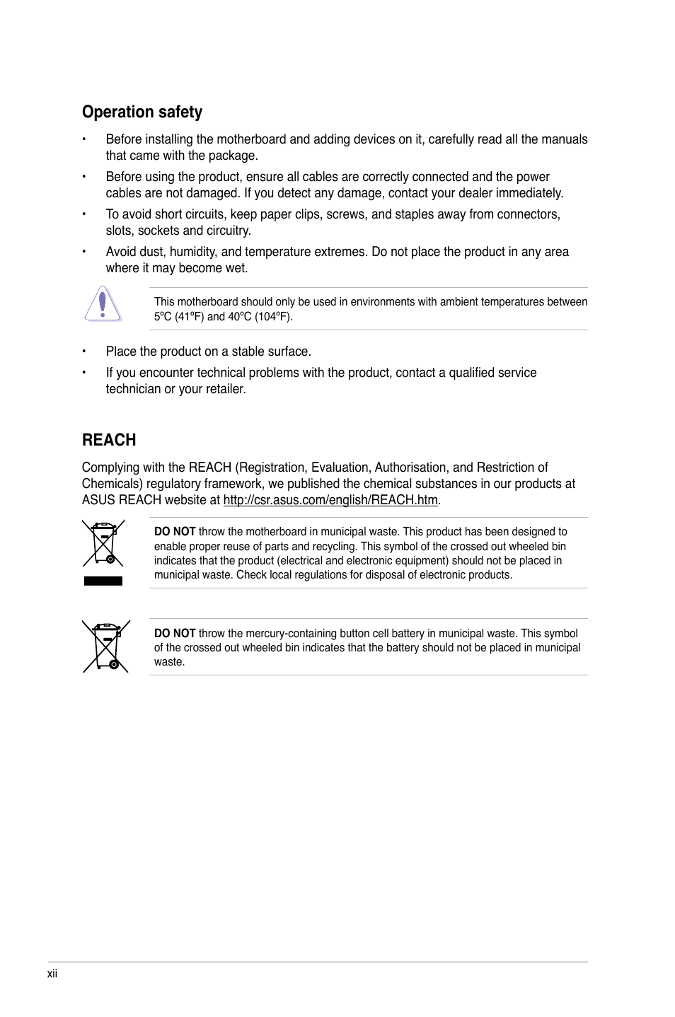 Operation safety, Reach | Asus Rampage IV Extreme User Manual | Page 12 / 179