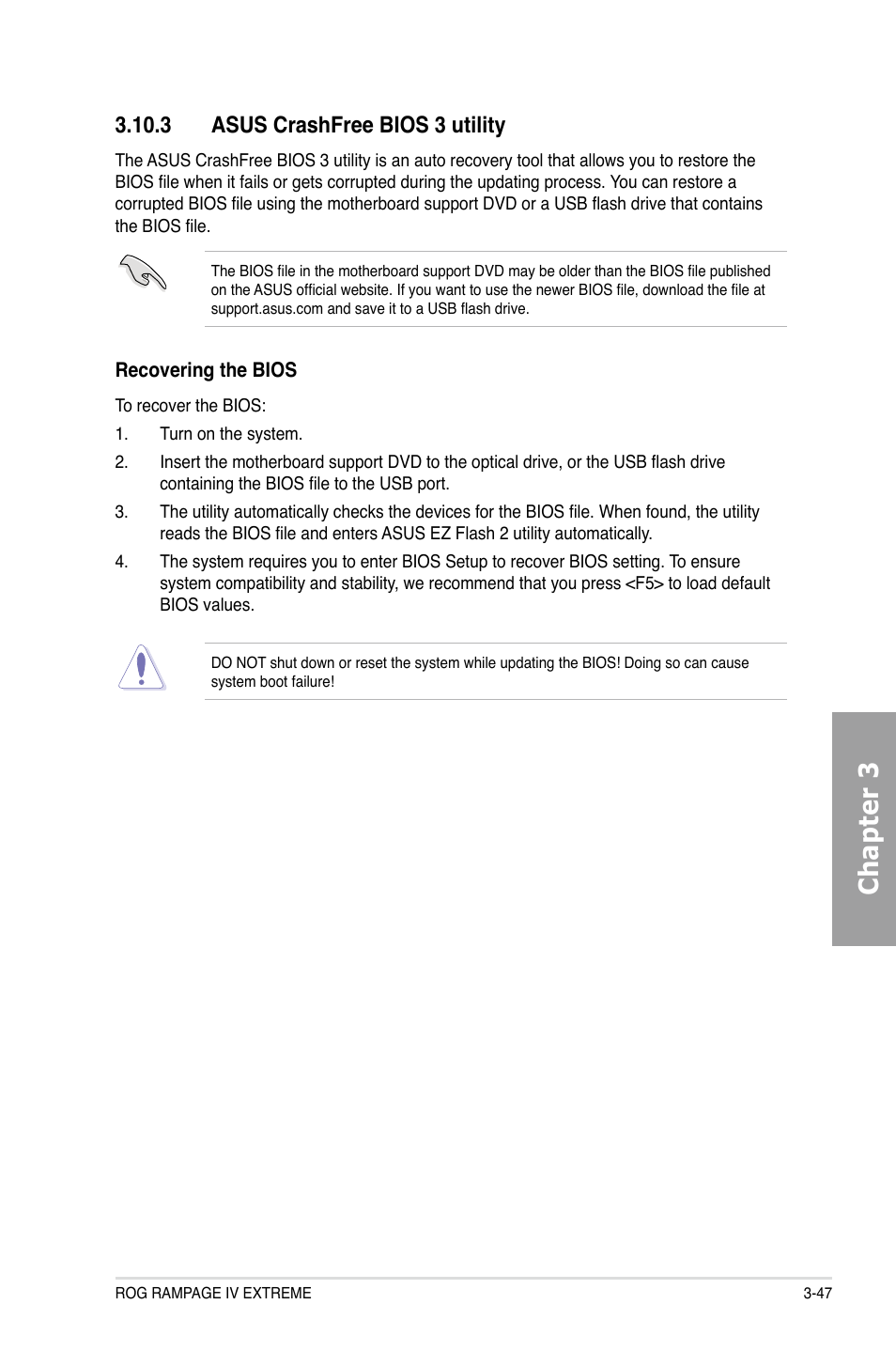 Chapter 3, 3 asus crashfree bios 3 utility | Asus Rampage IV Extreme User Manual | Page 133 / 179