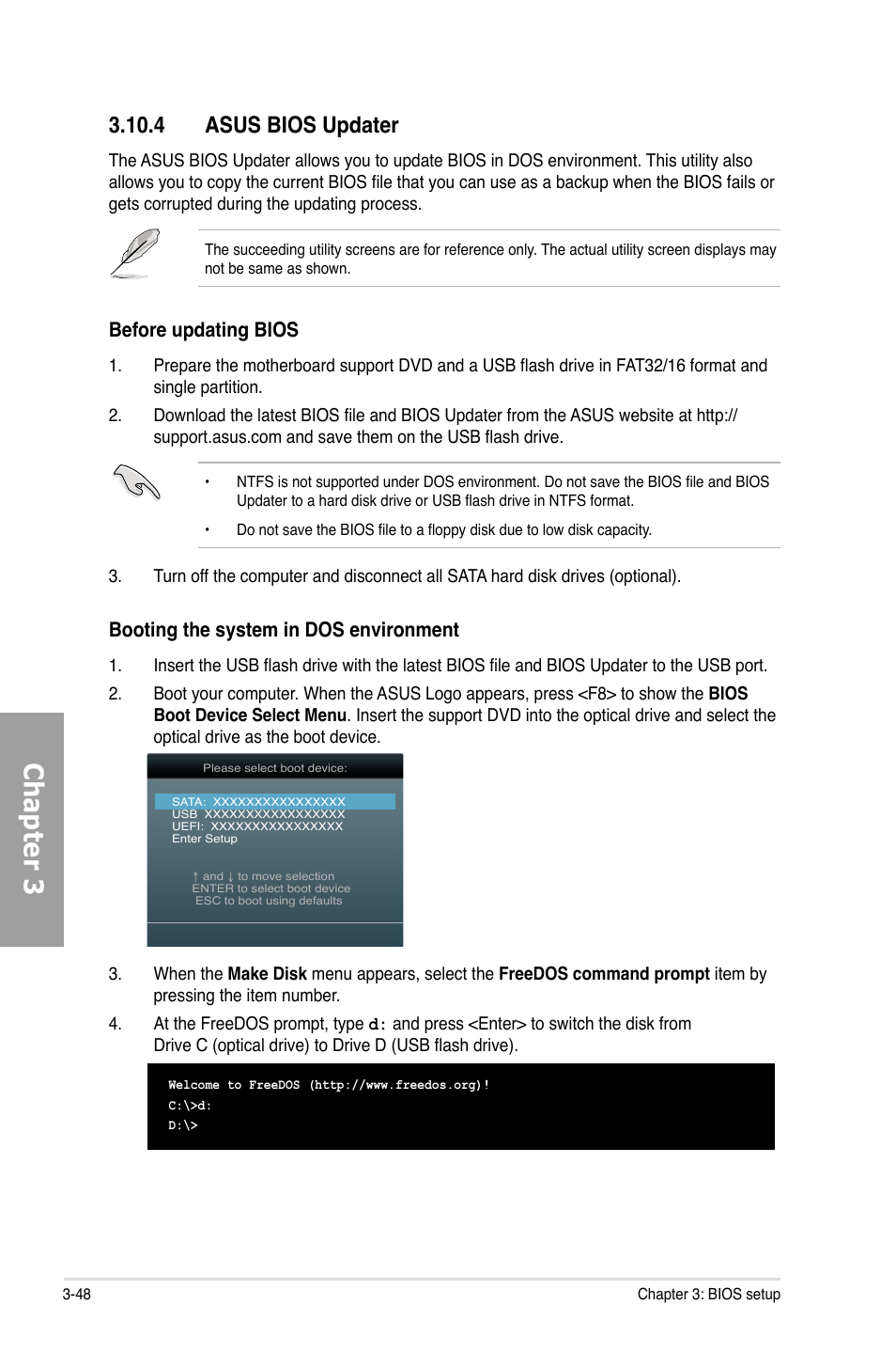 Chapter 3, 4 asus bios updater, Booting the system in dos environment | Before updating bios | Asus Rampage IV Extreme User Manual | Page 134 / 179