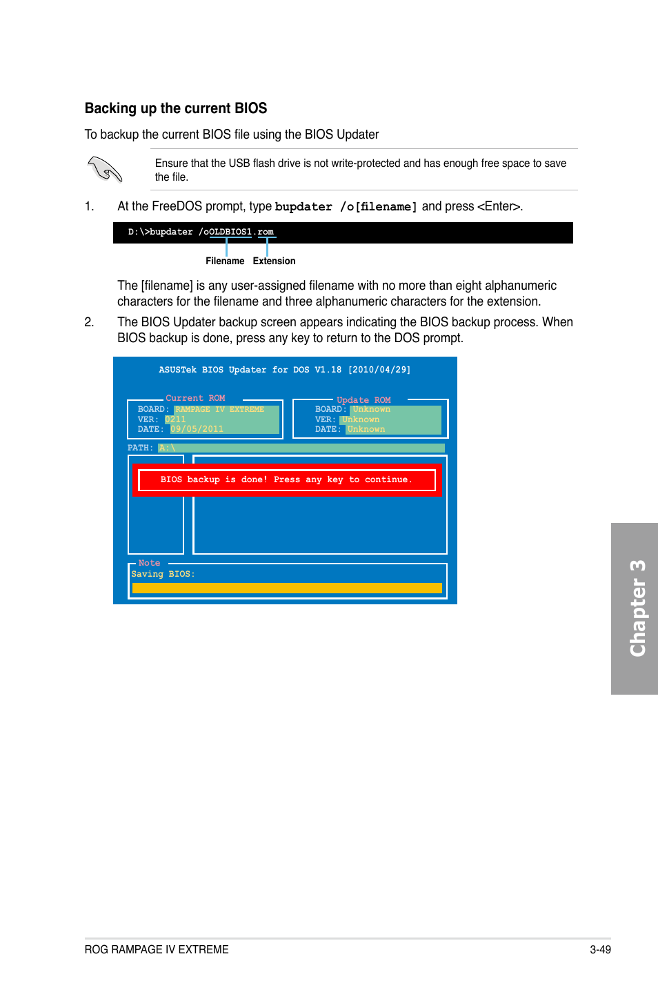 Chapter 3, Backing up the current bios | Asus Rampage IV Extreme User Manual | Page 135 / 179