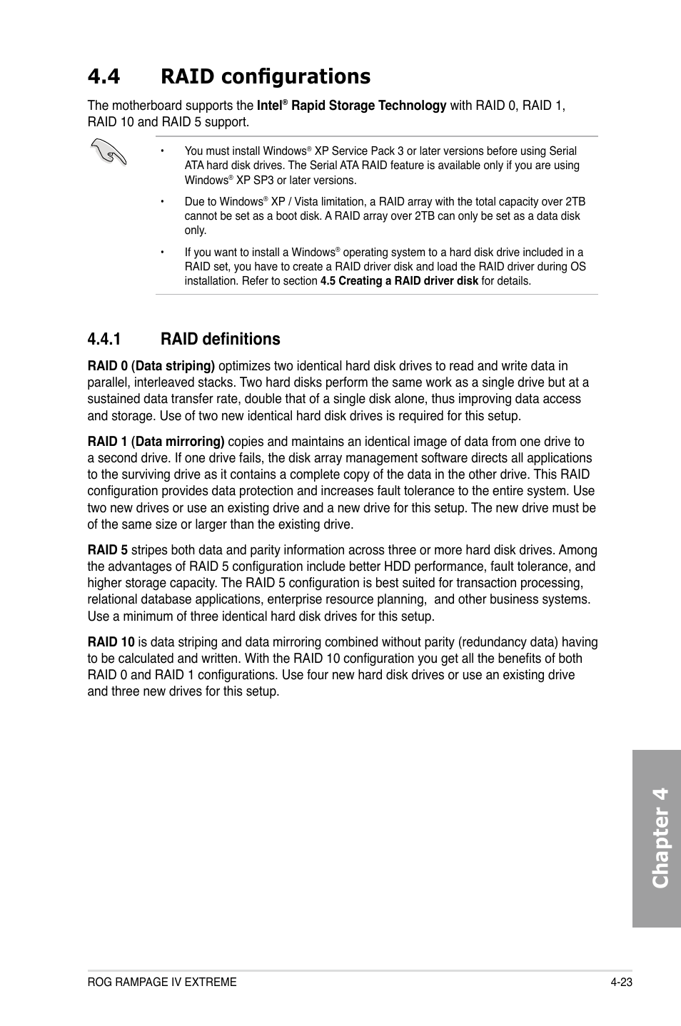 Chapter 4 4.4 raid configurations, 1 raid definitions | Asus Rampage IV Extreme User Manual | Page 160 / 179