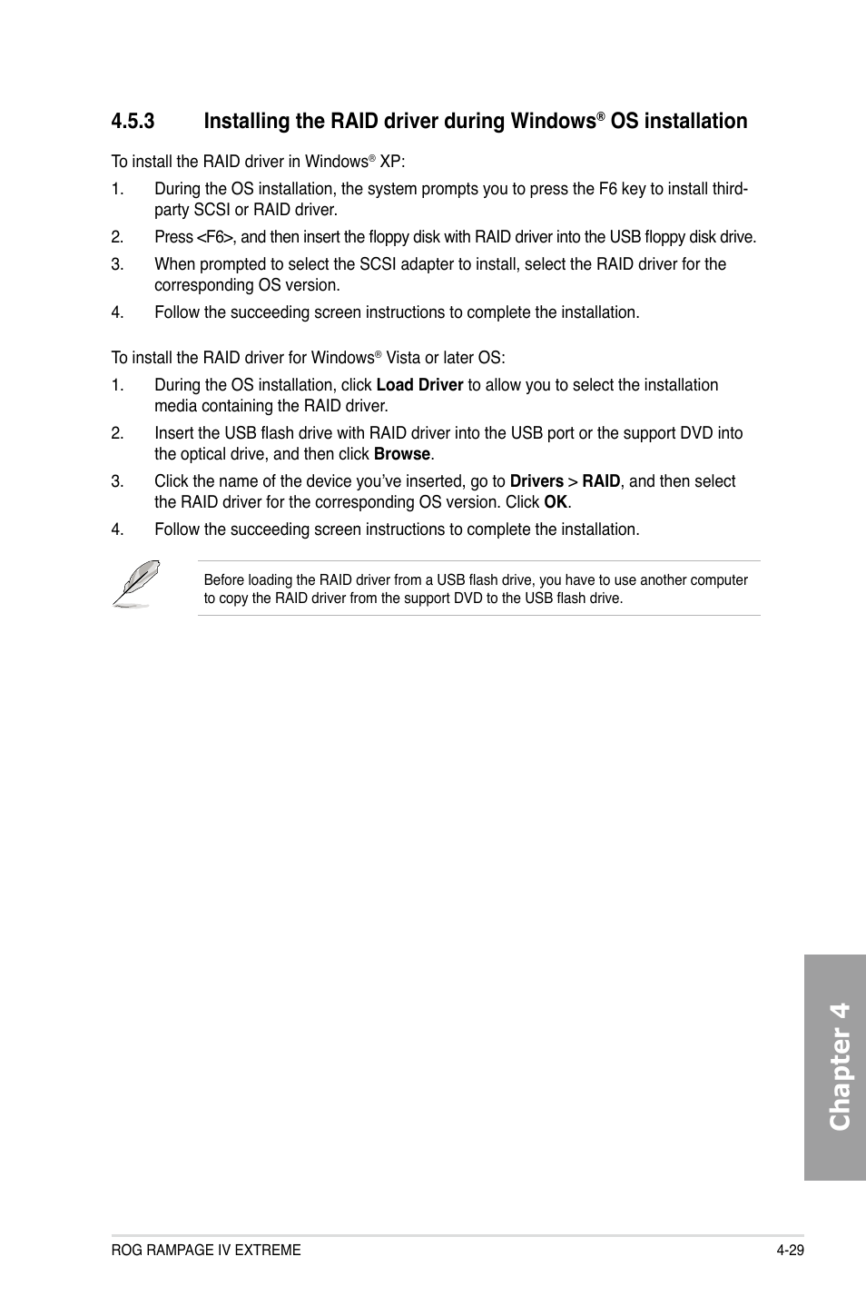 Chapter 4, 3 installing the raid driver during windows, Os installation | Asus Rampage IV Extreme User Manual | Page 166 / 179