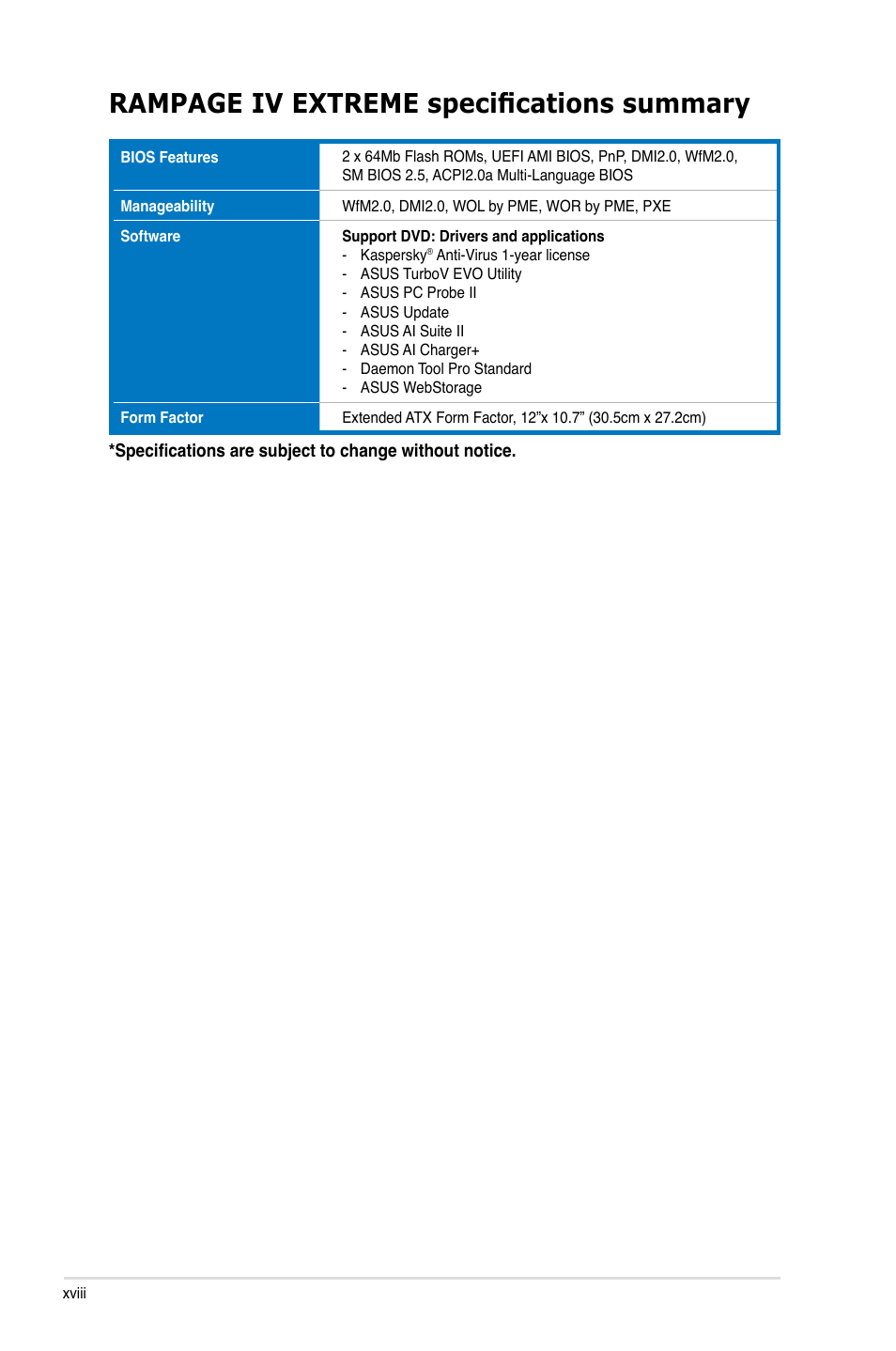 Rampage iv extreme specifications summary | Asus Rampage IV Extreme User Manual | Page 18 / 179