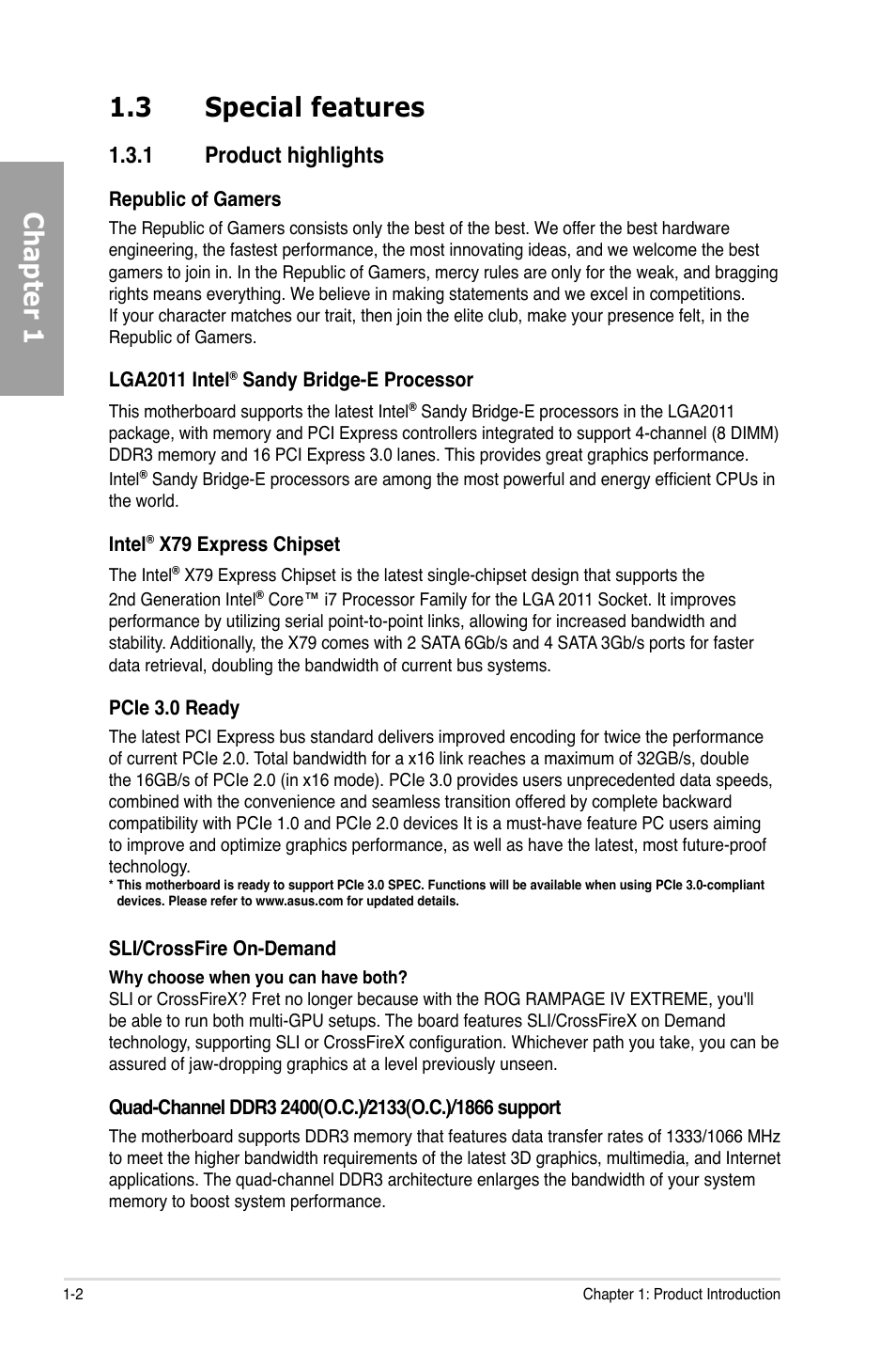 Chapter 1 1.3 special features, 1 product highlights | Asus Rampage IV Extreme User Manual | Page 20 / 179