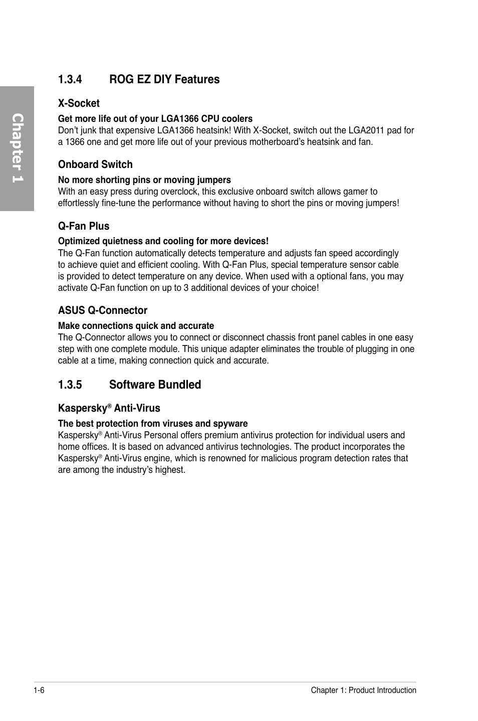 Chapter 1, 4 rog ez diy features, 5 software bundled | Asus Rampage IV Extreme User Manual | Page 24 / 179