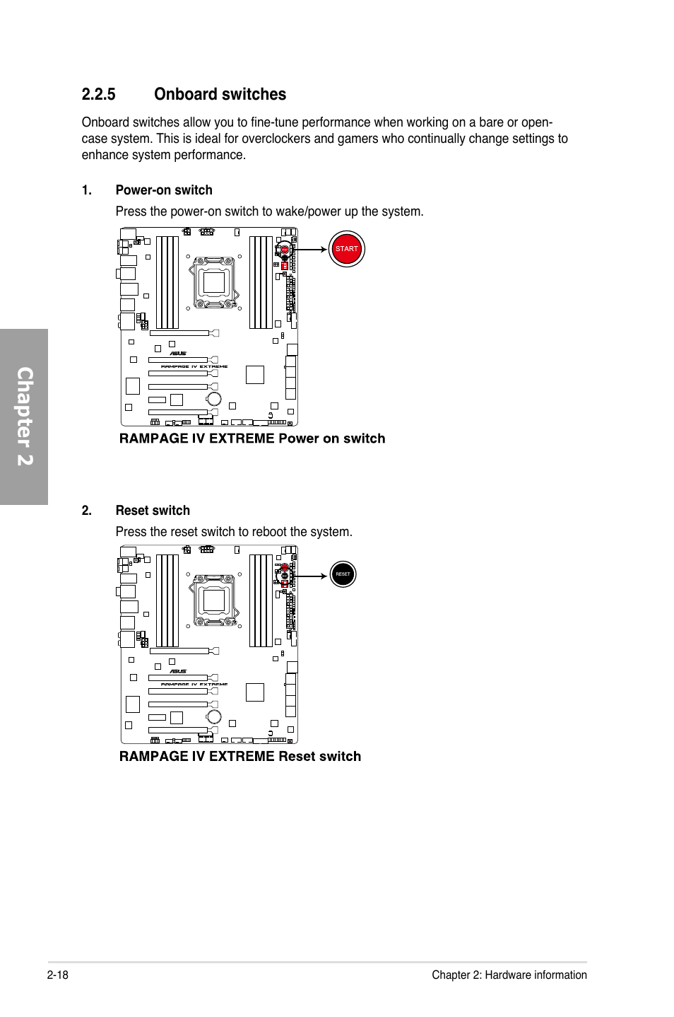 Chapter 2, 5 onboard switches | Asus Rampage IV Extreme User Manual | Page 42 / 179