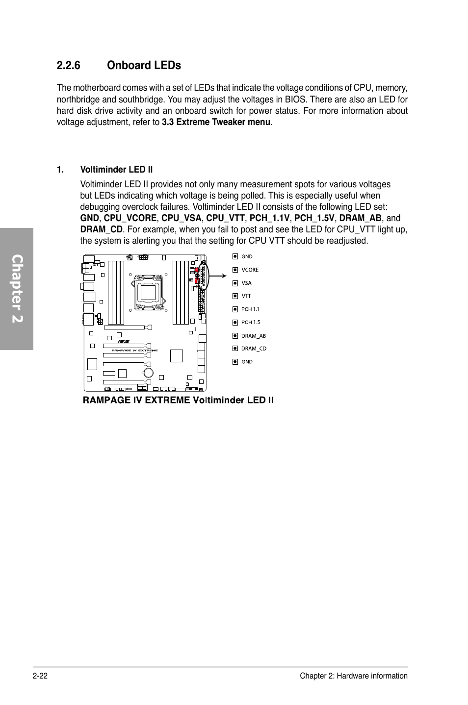 Chapter 2, 6 onboard leds | Asus Rampage IV Extreme User Manual | Page 46 / 179