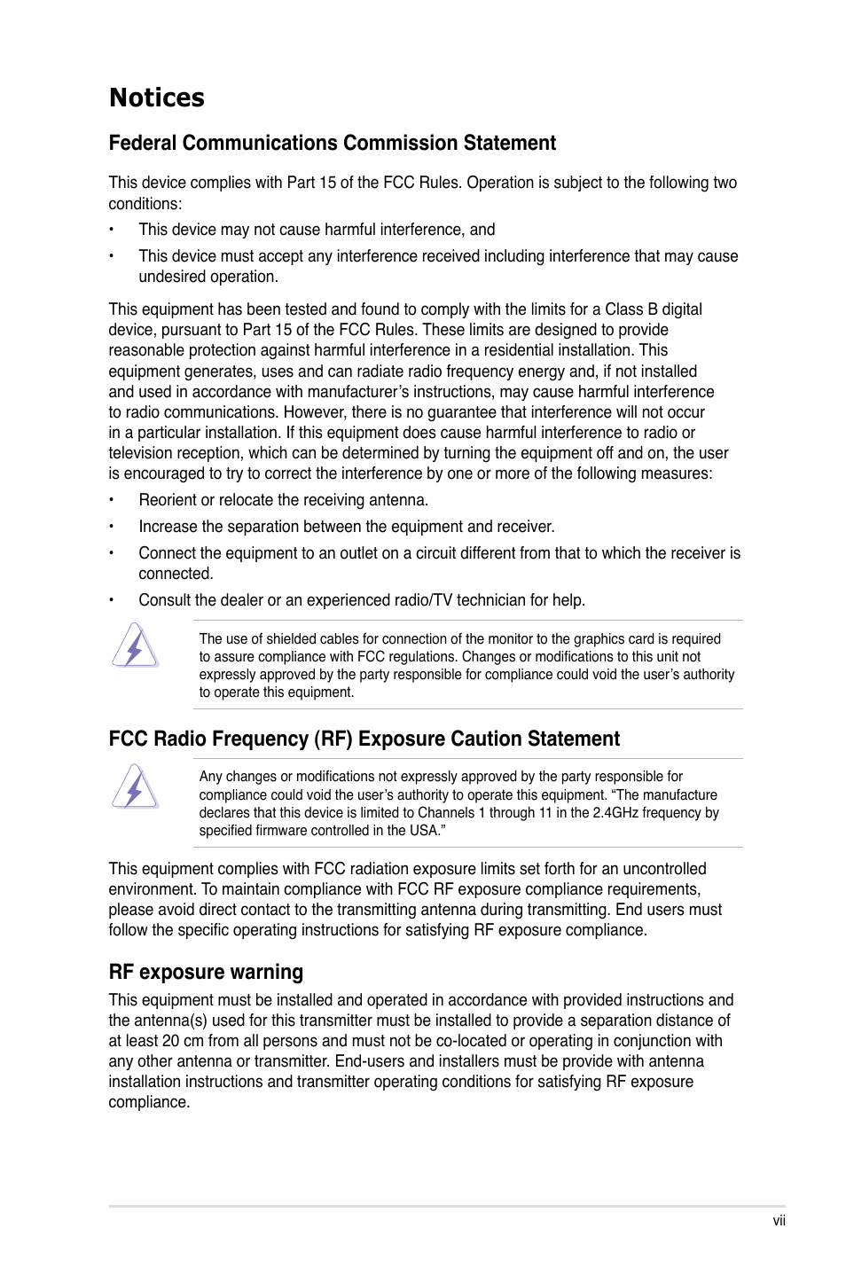 Notices, Federal communications commission statement, Rf exposure warning | Asus Rampage IV Extreme User Manual | Page 7 / 179