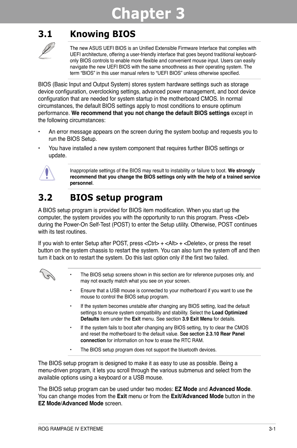 Chapter 3, 1 knowing bios, 2 bios setup program | Asus Rampage IV Extreme User Manual | Page 87 / 179